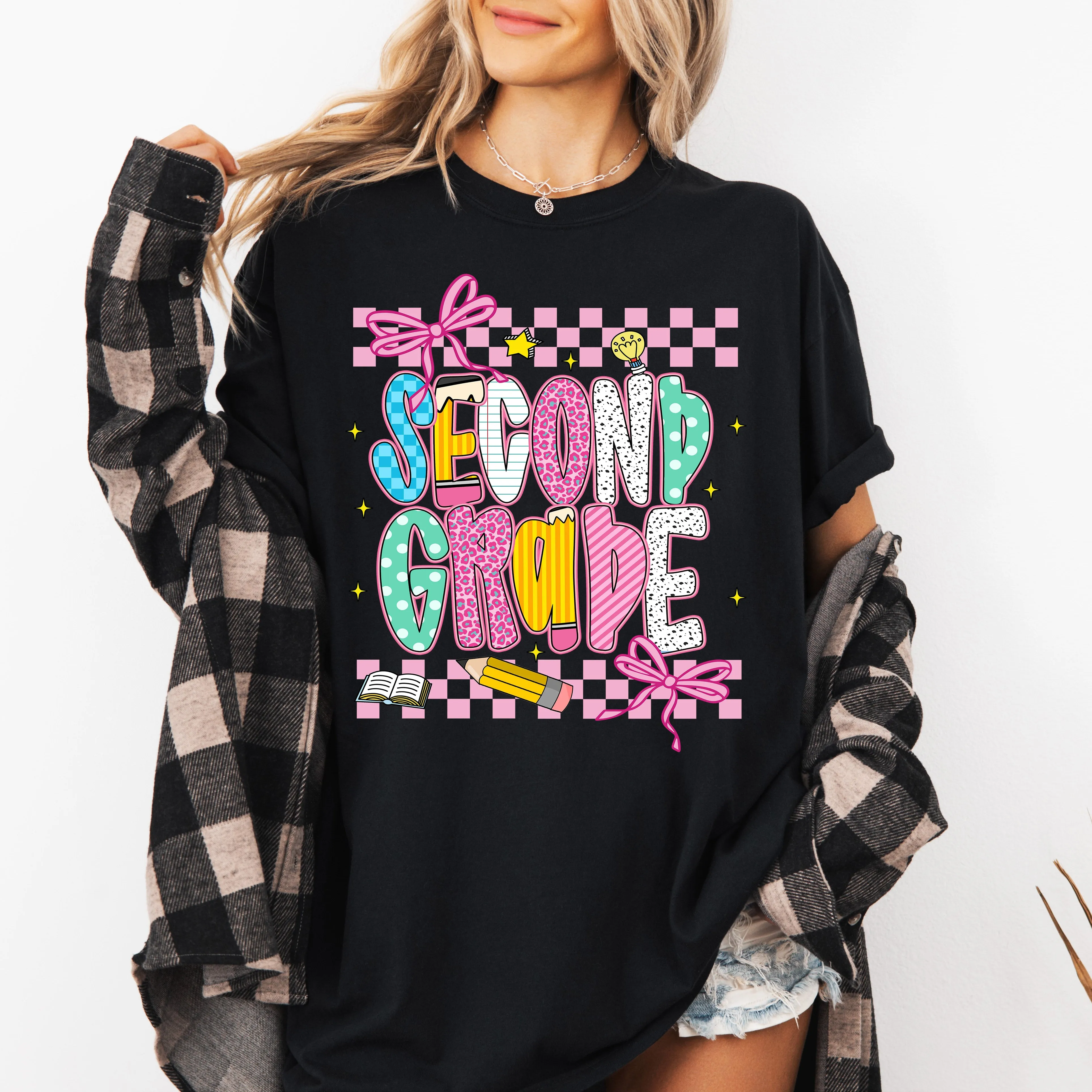 Second Grade, Teacher, Back to School, Checkered, Bow, First Day of School, Cute, Teacher Appreciation, Coquette, Comfort Colors T-Shirt sold by Refinery Number One product image thumbnail 2