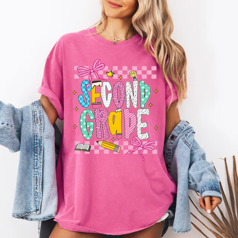 Second Grade, Teacher, Back to School, Checkered, Bow, First Day of School, Cute, Teacher Appreciation, Coquette, Comfort Colors T-Shirt sold by Refinery Number One