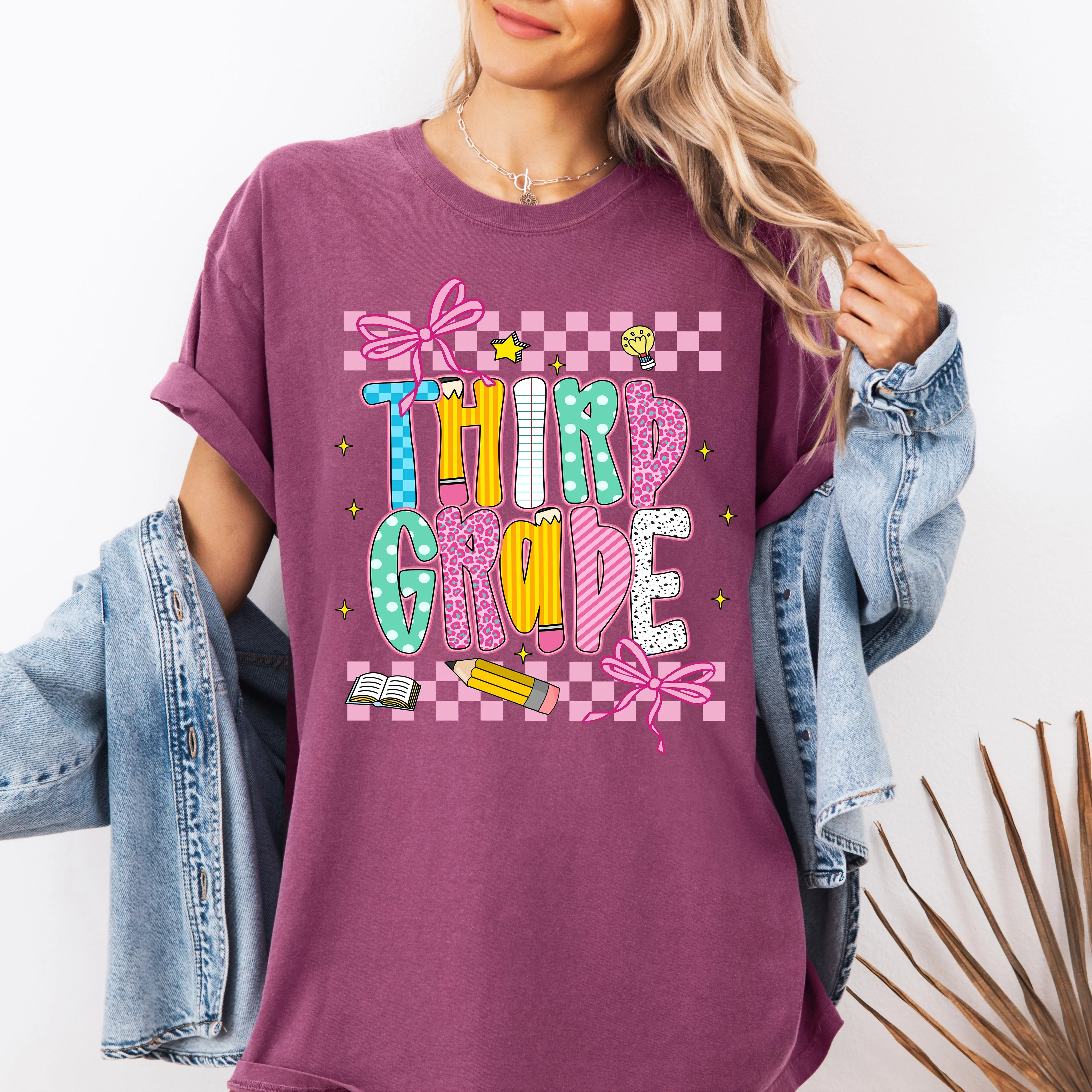 Third Grade, Teacher, Back to School, Checkered, Bow, First Day of School, Cute, Teacher Appreciation, Coquette, Comfort Colors T-Shirt sold by Refinery Number One