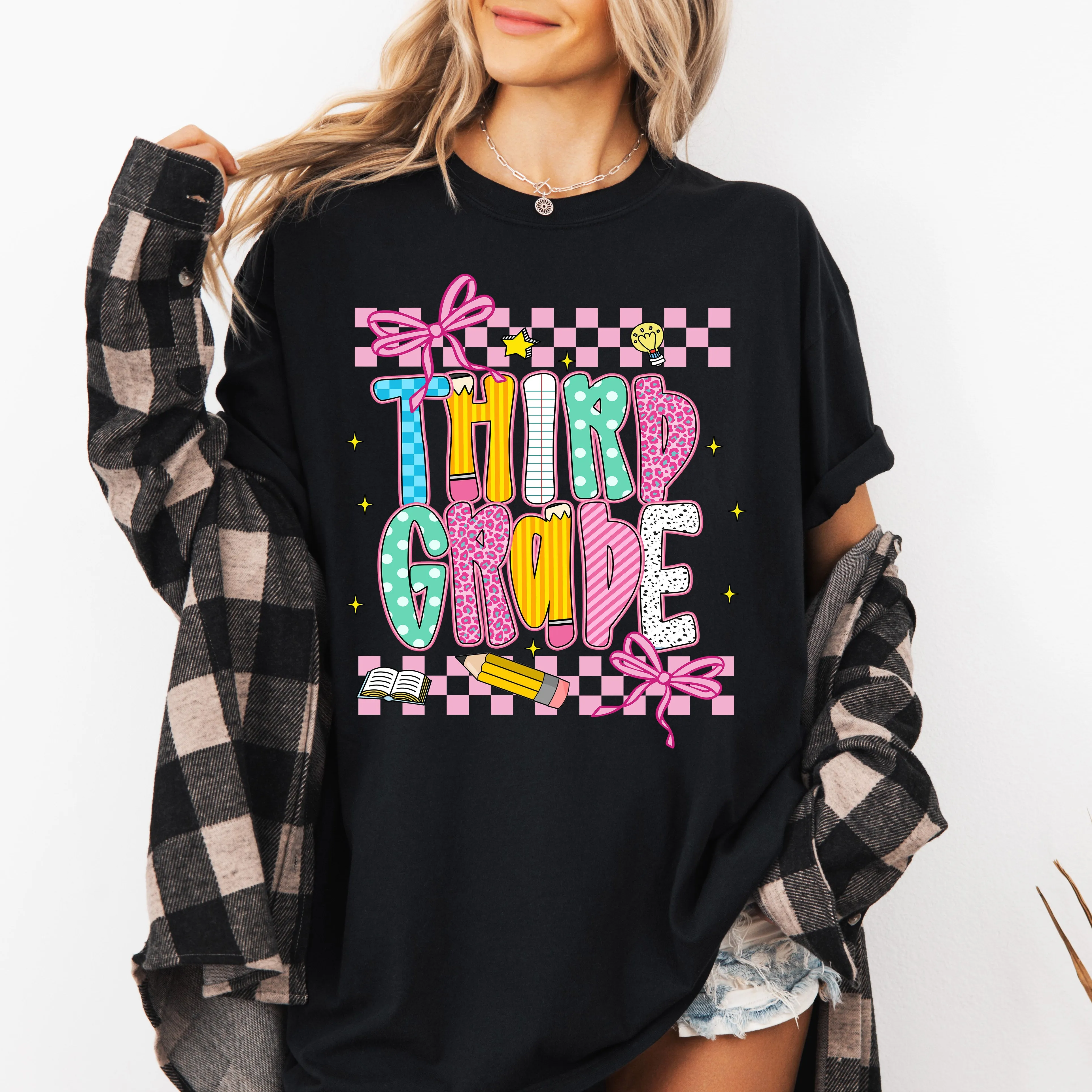 Third Grade, Teacher, Back to School, Checkered, Bow, First Day of School, Cute, Teacher Appreciation, Coquette, Comfort Colors T-Shirt sold by Refinery Number One product image thumbnail 2
