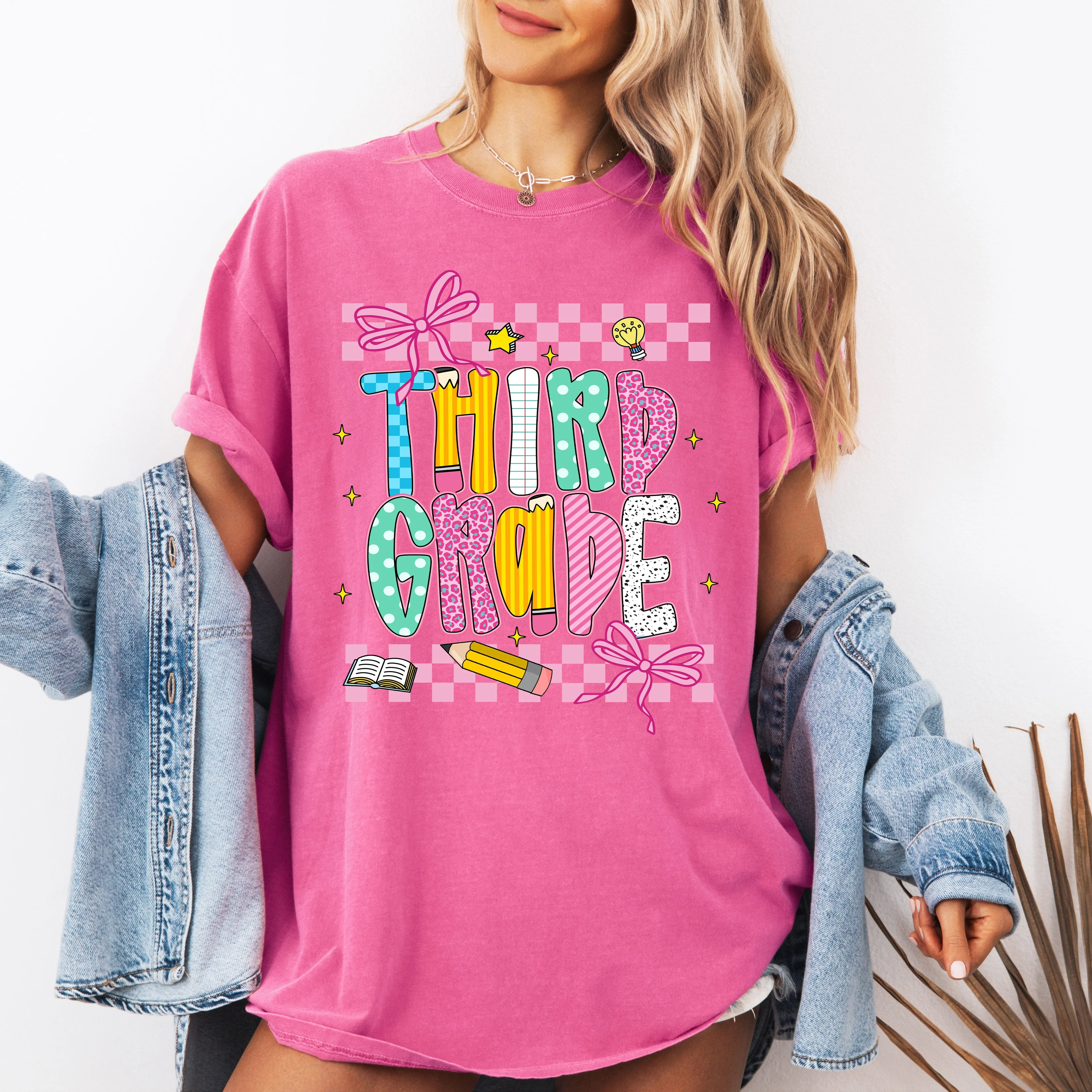 Third Grade, Teacher, Back to School, Checkered, Bow, First Day of School, Cute, Teacher Appreciation, Coquette, Comfort Colors T-Shirt sold by Refinery Number One product image thumbnail 3