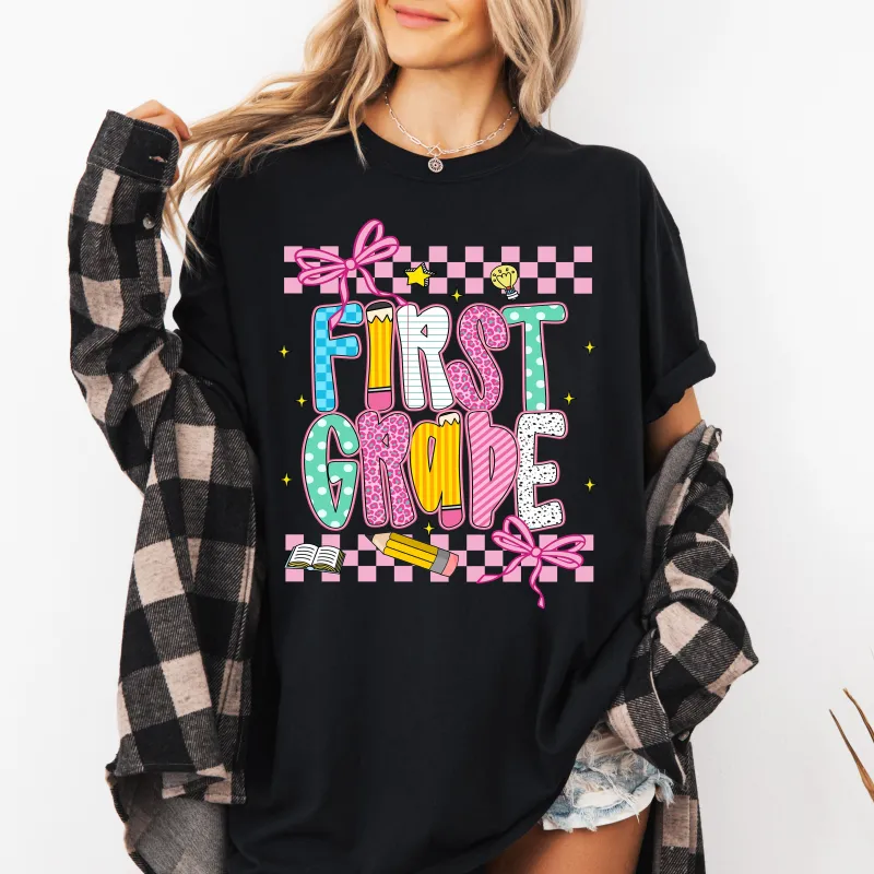 First Grade, Teacher, Back to School, Checkered, Bow, First Day of School, Cute, Teacher Appreciation, Coquette, Comfort Colors T-Shirt sold by Refinery Number One