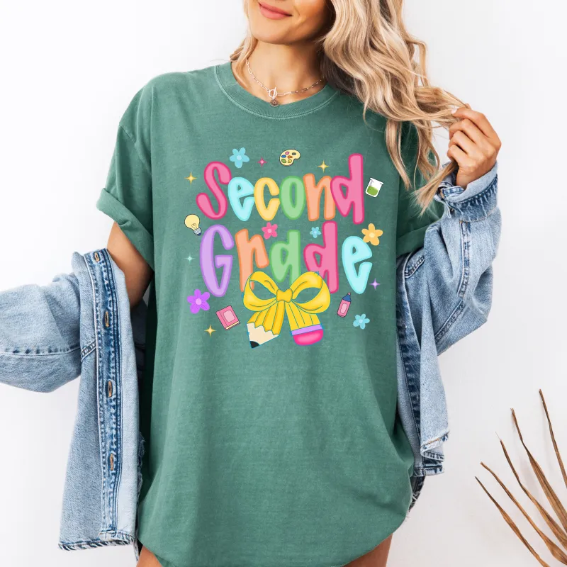 Second Grade, Teacher, Back to School, Neon, Bow, First Day of School, Cute, Teacher Appreciation, Coquette, Comfort Colors T-Shirt sold by Refinery Number One