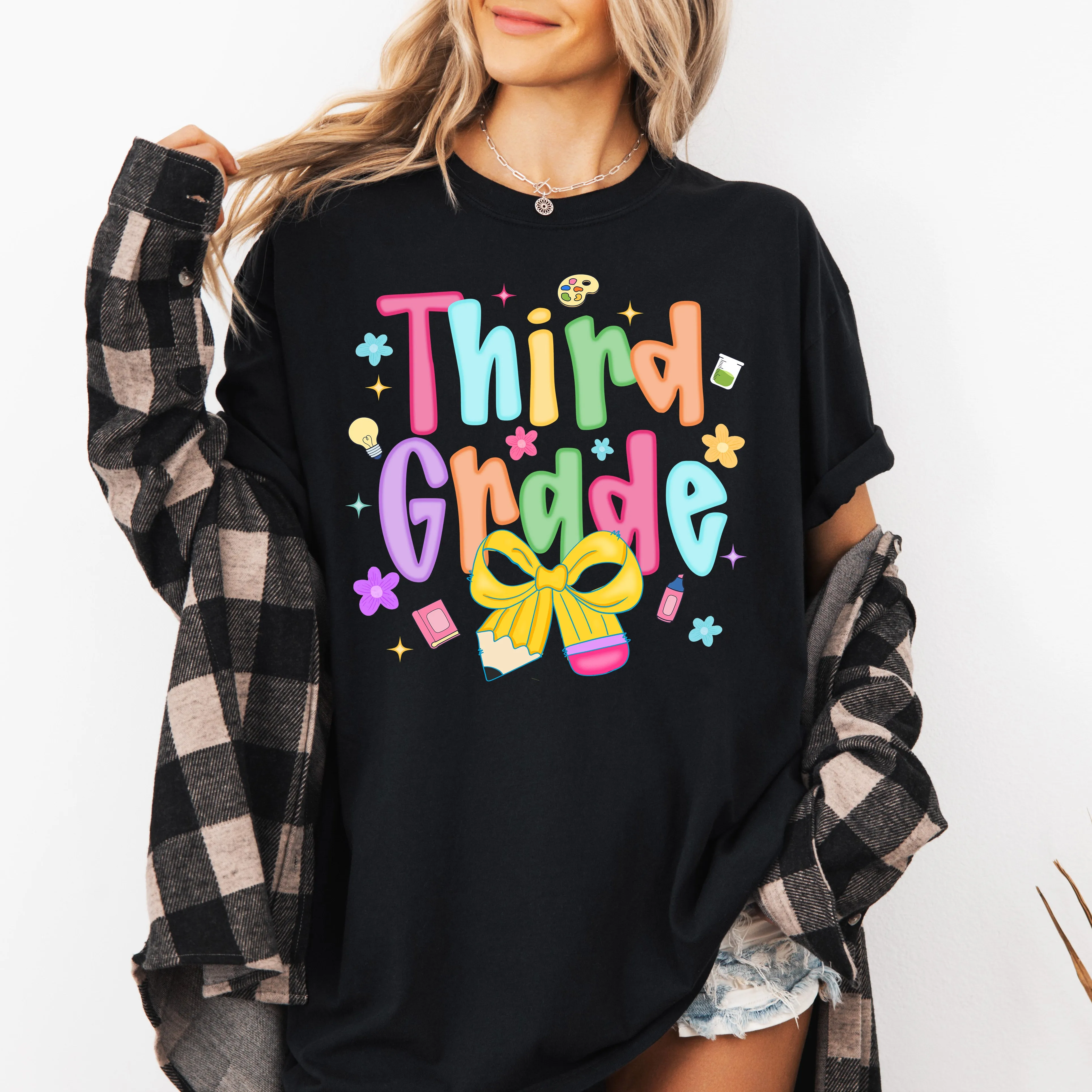 Third Grade, Teacher, Back to School, Neon, Bow, First Day of School, Cute, Teacher Appreciation, Coquette, Comfort Colors T-Shirt sold by Refinery Number One