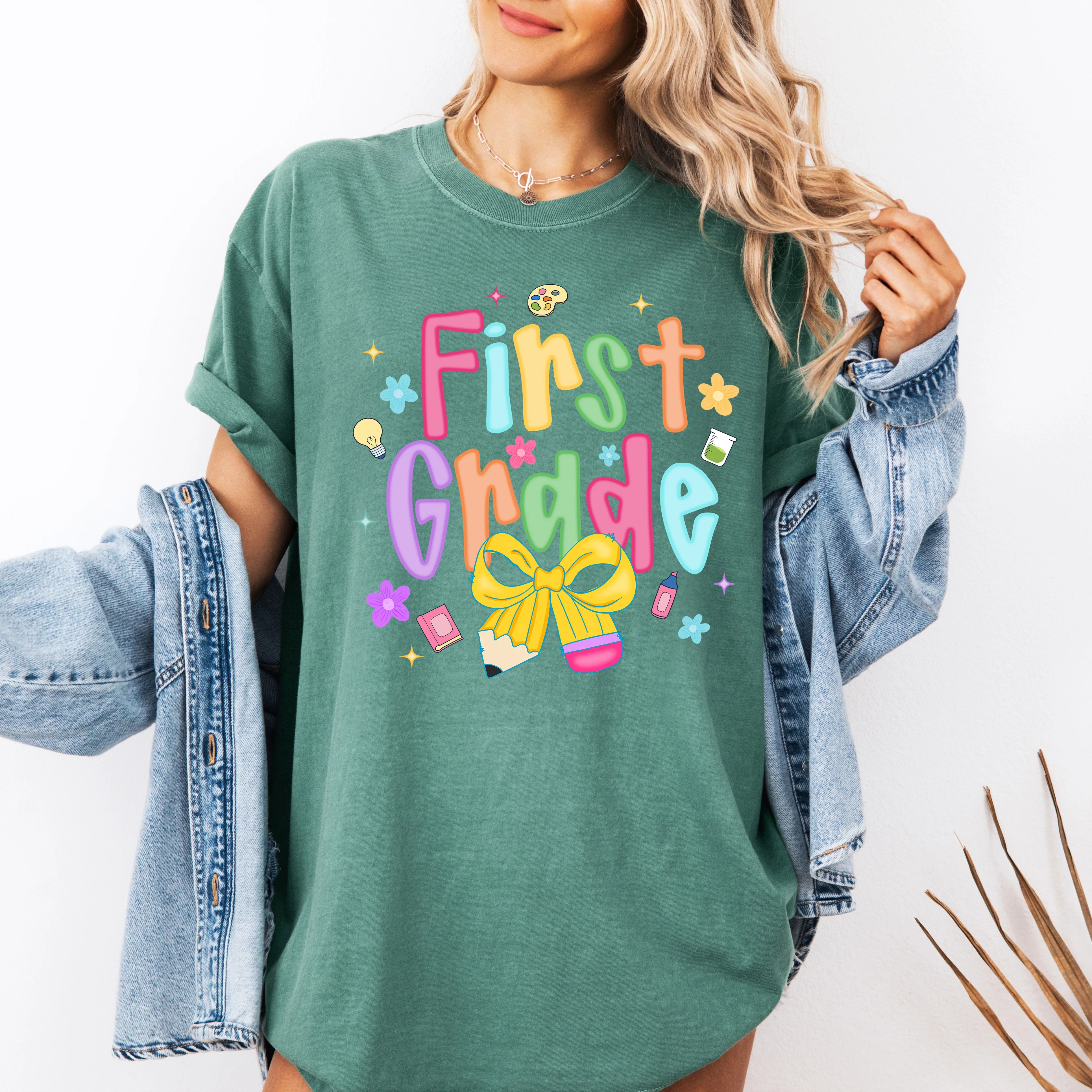 First Grade, Teacher, Back to School, Neon, Bow, First Day of School, Cute, Teacher Appreciation, Coquette, Comfort Colors T-Shirt sold by Refinery Number One product image thumbnail 4