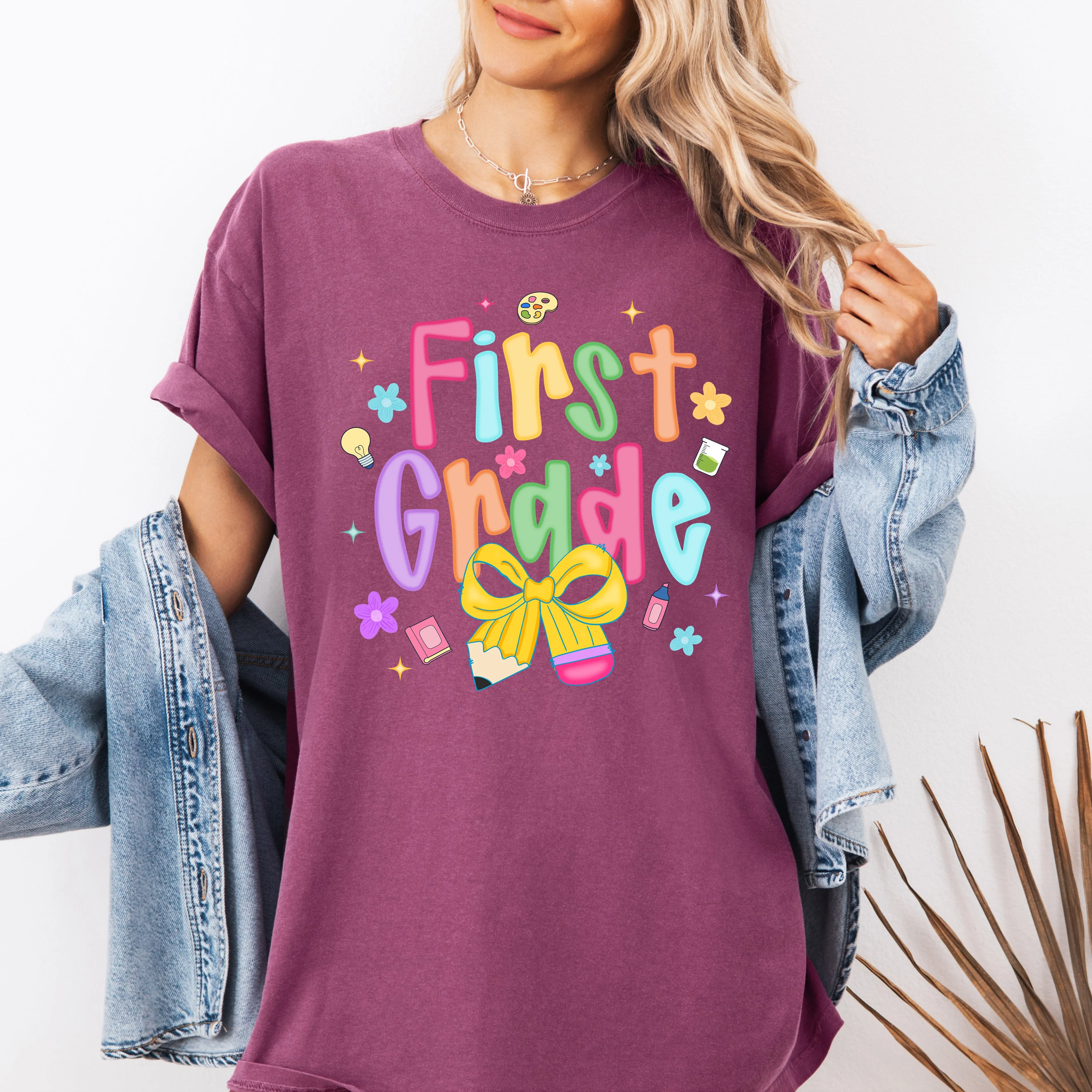 First Grade, Teacher, Back to School, Neon, Bow, First Day of School, Cute, Teacher Appreciation, Coquette, Comfort Colors T-Shirt sold by Refinery Number One product image thumbnail 2