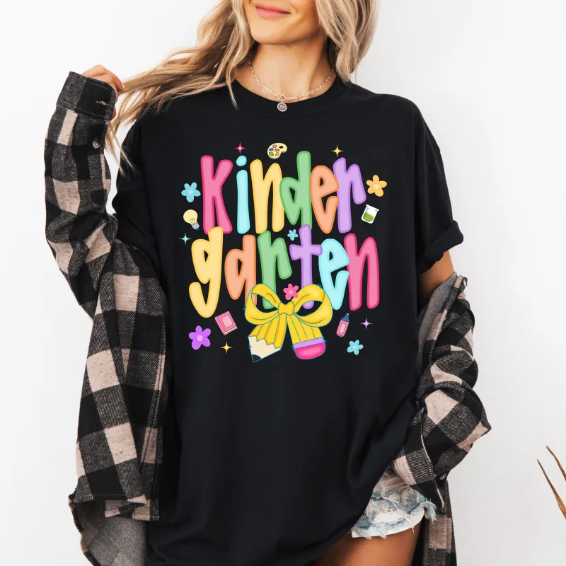 Kindergarten, Teacher, Back to School, Neon, Bow, First Day of School, Cute, Teacher Appreciation, Coquette, Comfort Colors T-Shirt sold by Refinery Number One