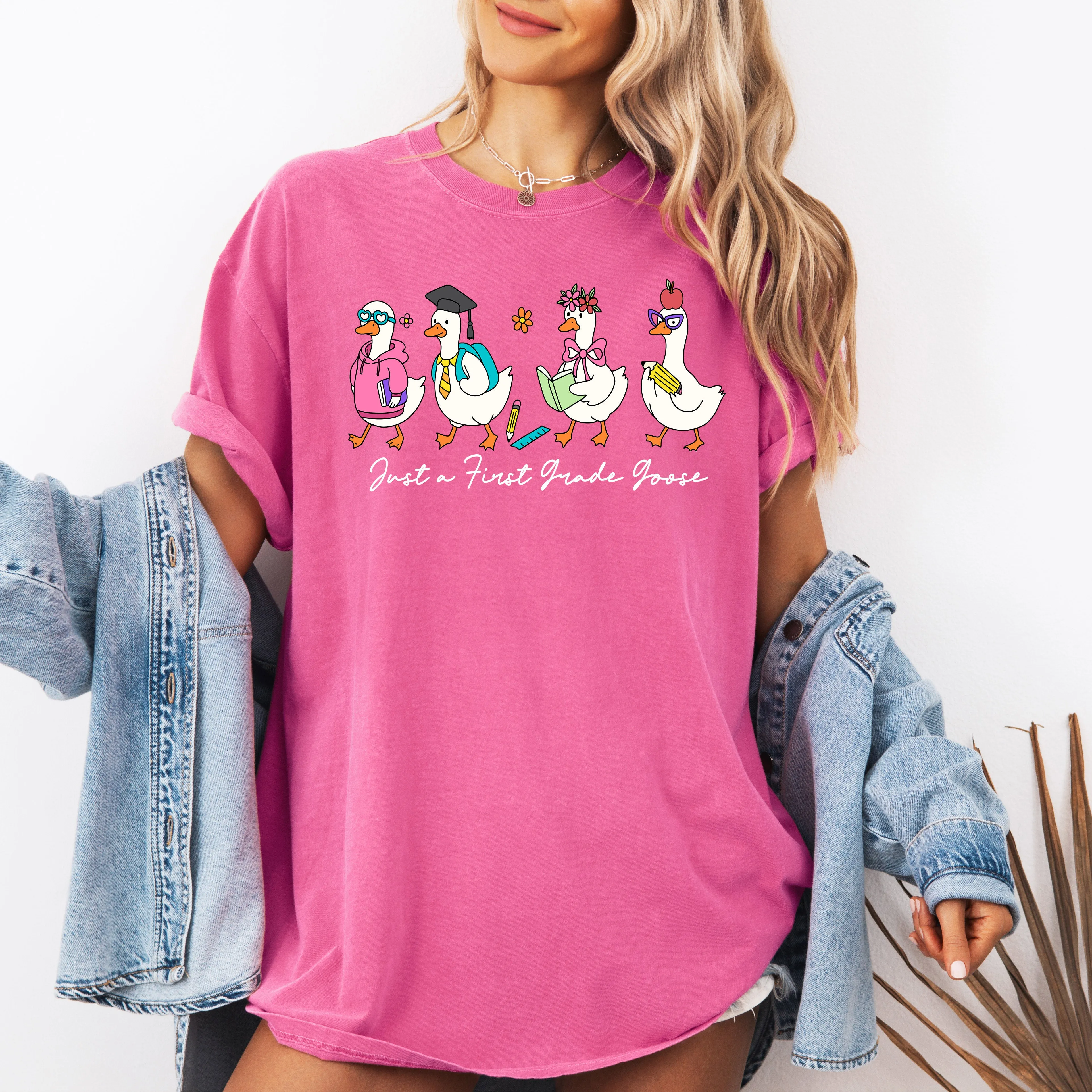 Just A First Grade Goose, Teacher, Back to School, Funny, Bow, First Day of School, Cute, Teacher Appreciation, Coquette, Comfort Colors T-Shirt sold by Refinery Number One