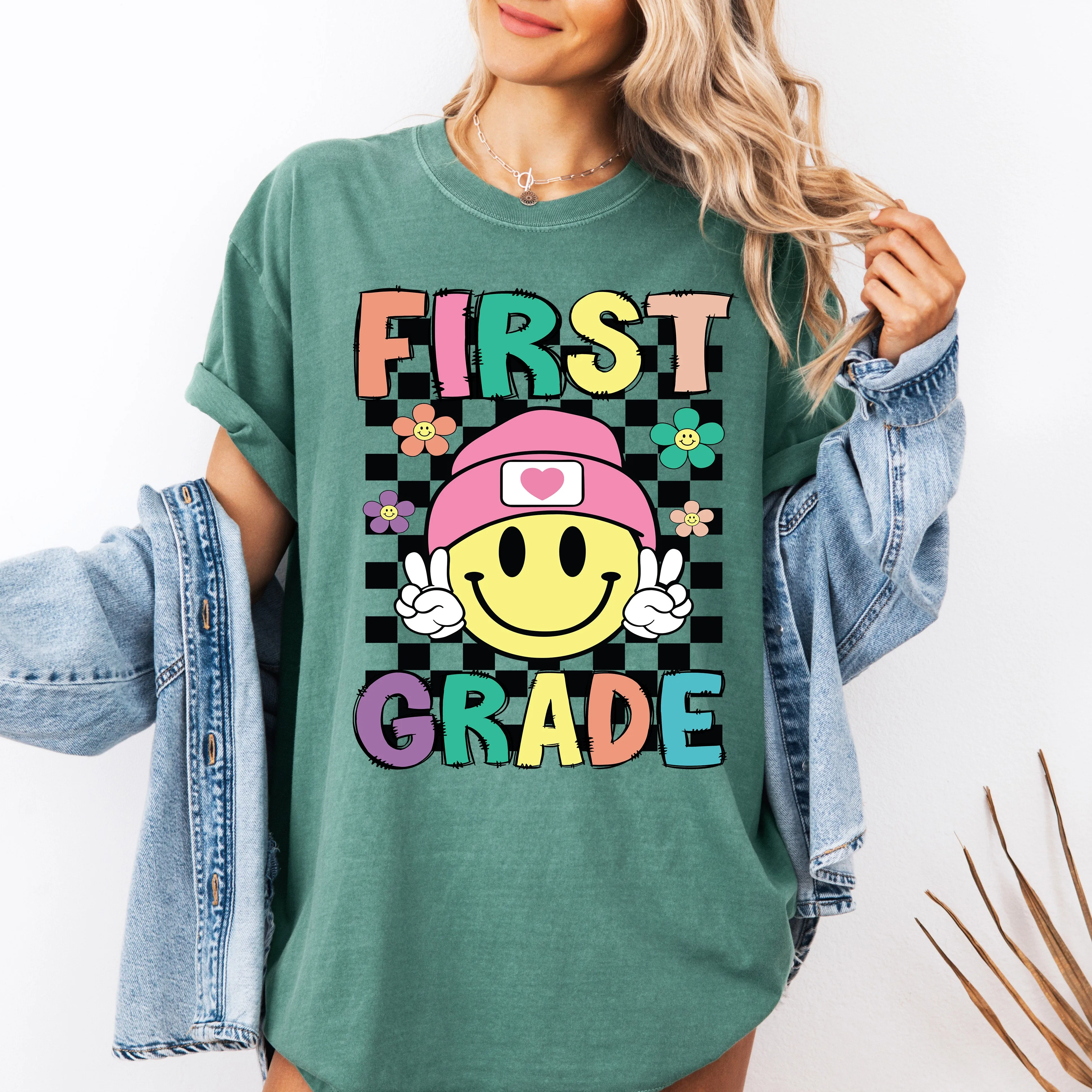 First Grade, Smiley Face, Teacher, Back to School, First Day of School, Cute, Teacher Appreciation, Coquette, Comfort Colors T-Shirt sold by Refinery Number One product image thumbnail 2