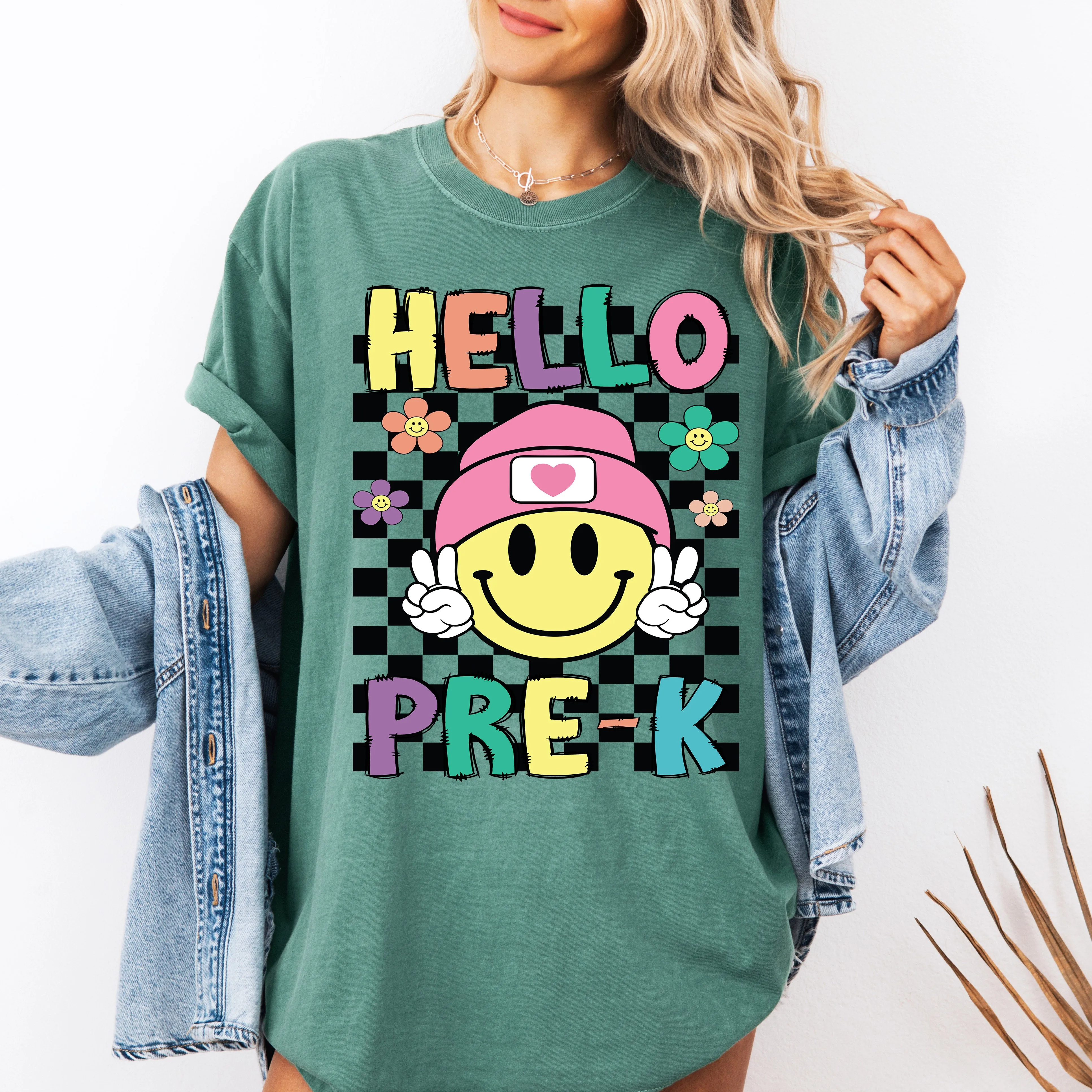 Hello Pre-K, Smiley Face, Teacher, Back to School, First Day of School, Cute, Teacher Appreciation, Coquette, Comfort Colors T-Shirt sold by Refinery Number One