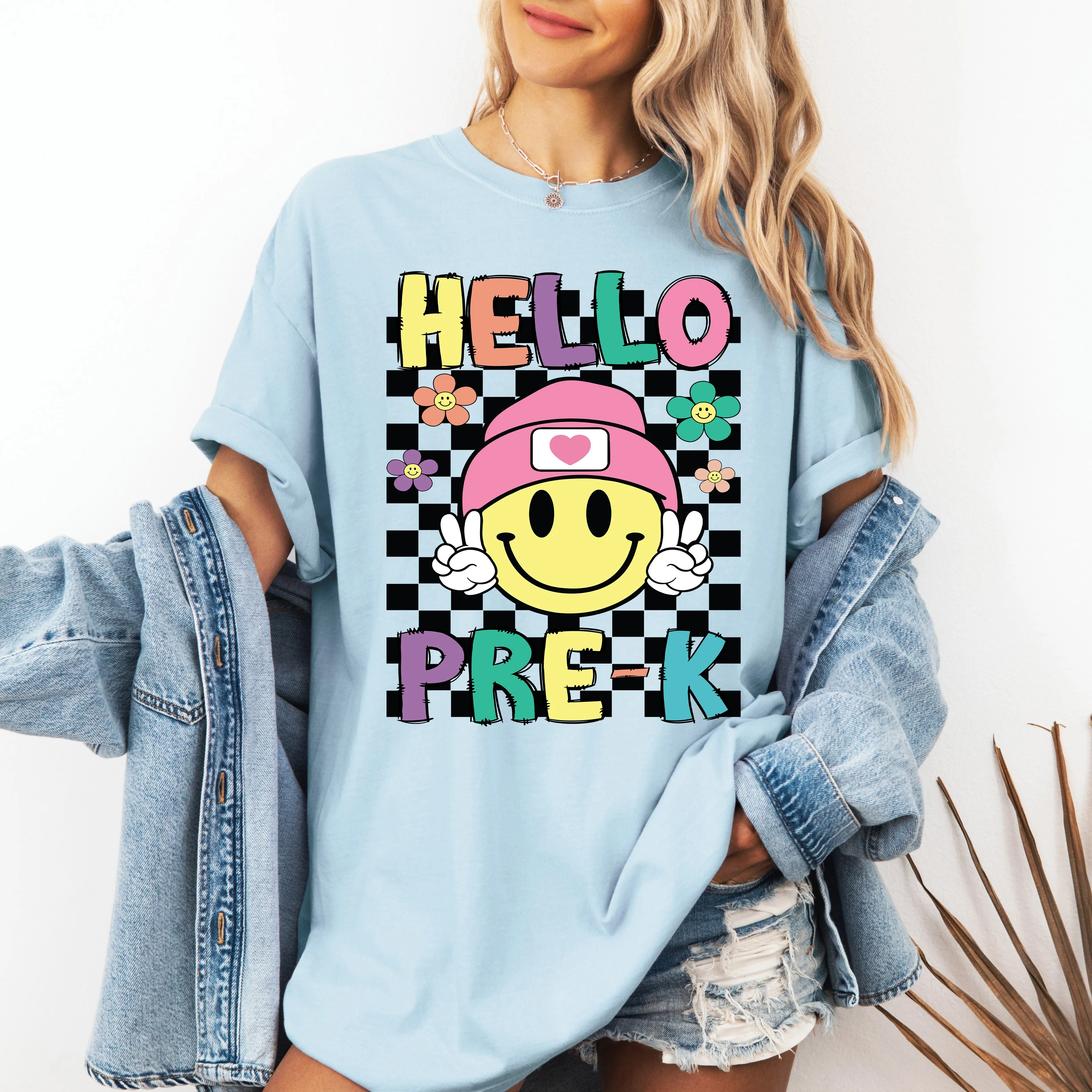 Hello Pre-K, Smiley Face, Teacher, Back to School, First Day of School, Cute, Teacher Appreciation, Coquette, Comfort Colors T-Shirt sold by Refinery Number One product image thumbnail 4