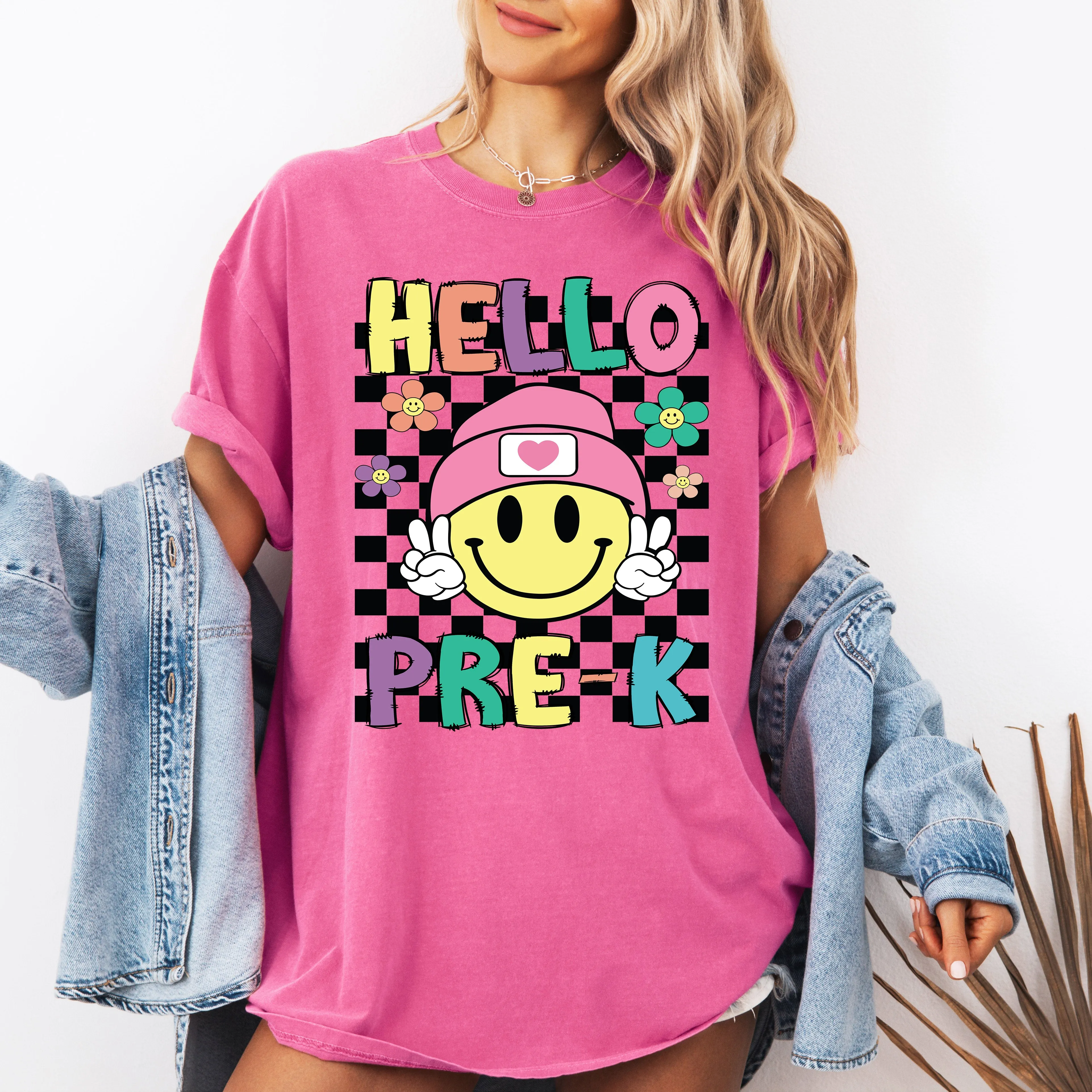 Hello Pre-K, Smiley Face, Teacher, Back to School, First Day of School, Cute, Teacher Appreciation, Coquette, Comfort Colors T-Shirt sold by Refinery Number One product image thumbnail 3