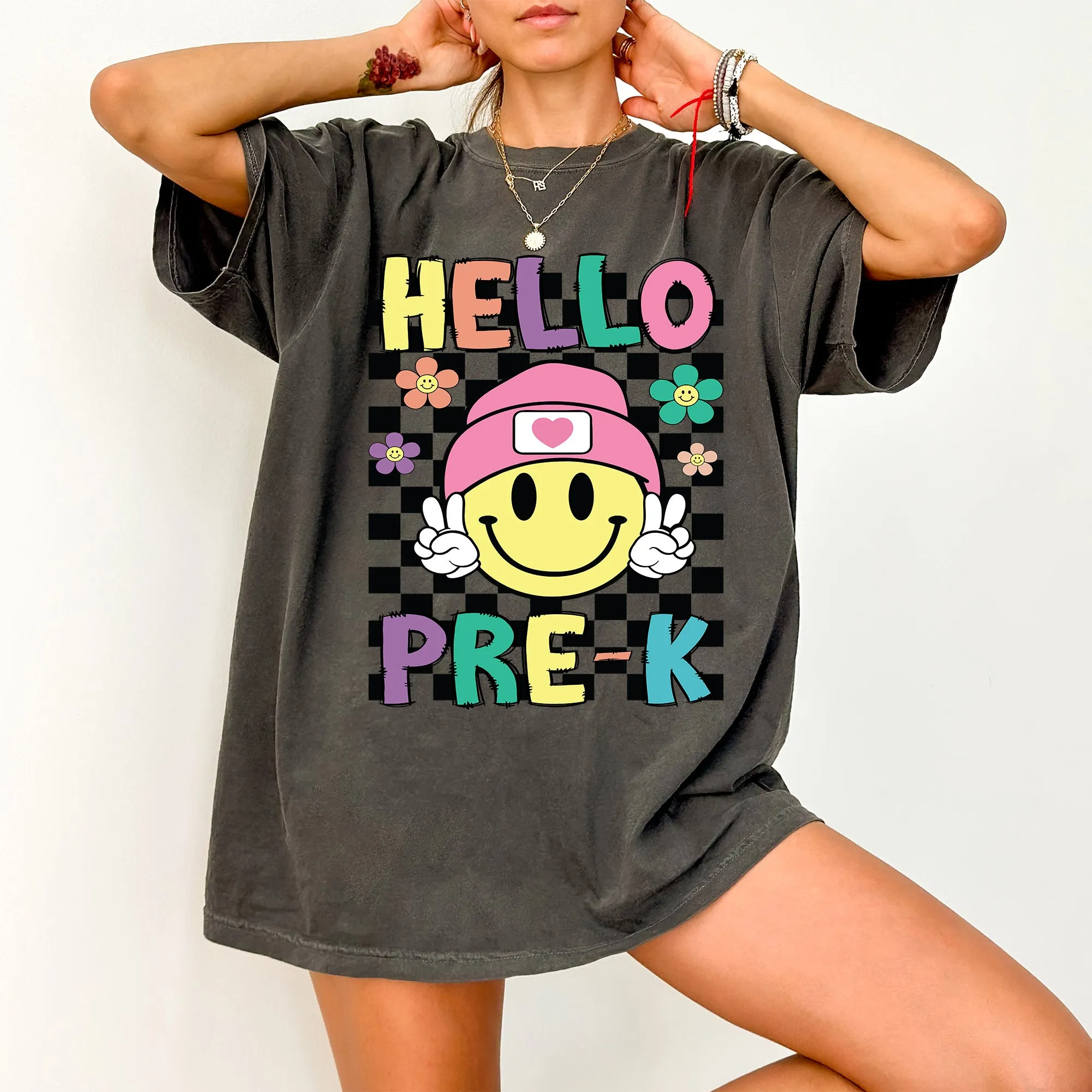 Hello Pre-K, Smiley Face, Teacher, Back to School, First Day of School, Cute, Teacher Appreciation, Coquette, Comfort Colors T-Shirt sold by Refinery Number One product image thumbnail 2