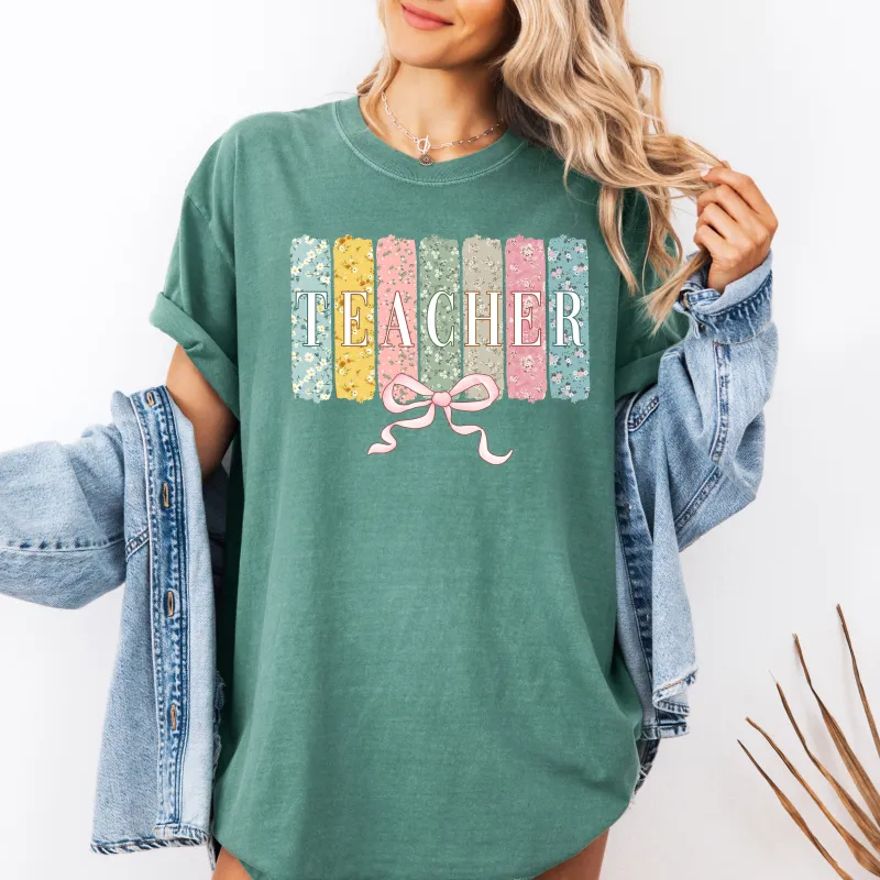 Teacher, Wildflowers, Bow, Back to School, First Day of School, Cute, Teacher Appreciation, Coquette, Comfort Colors T-Shirt sold by Refinery Number One