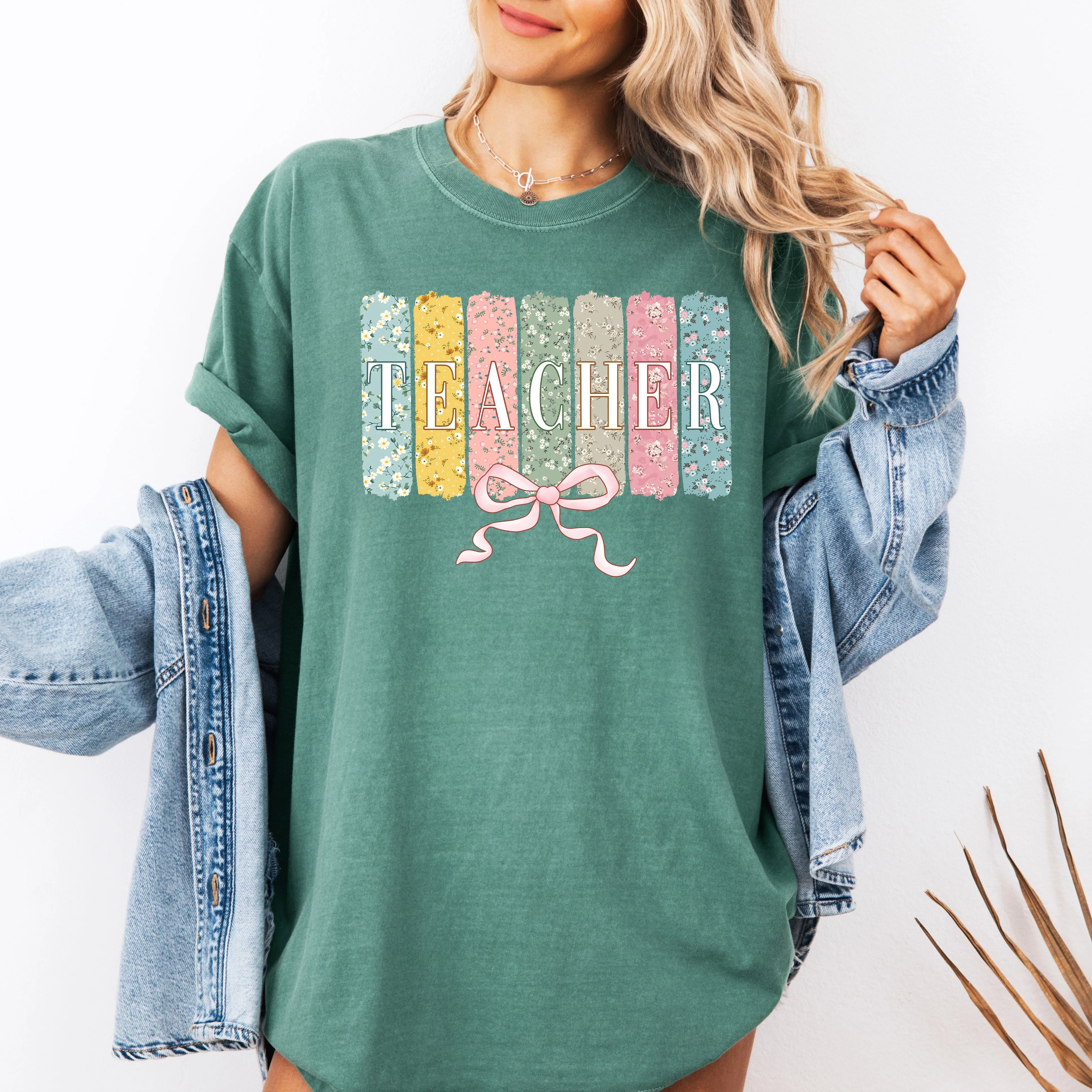 Teacher, Wildflowers, Bow, Back to School, First Day of School, Cute, Teacher Appreciation, Coquette, Comfort Colors T-Shirt sold by Refinery Number One
