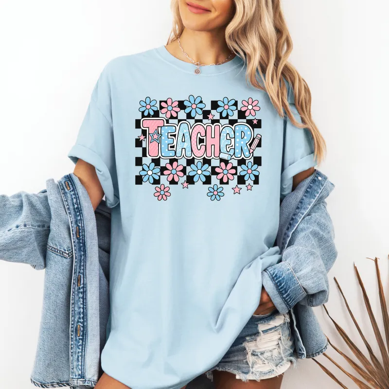 Teacher, Checkered, Retro, Floral, Back to School, First Day of School, Cute, Teacher Appreciation, Coquette, Comfort Colors T-Shirt sold by Refinery Number One