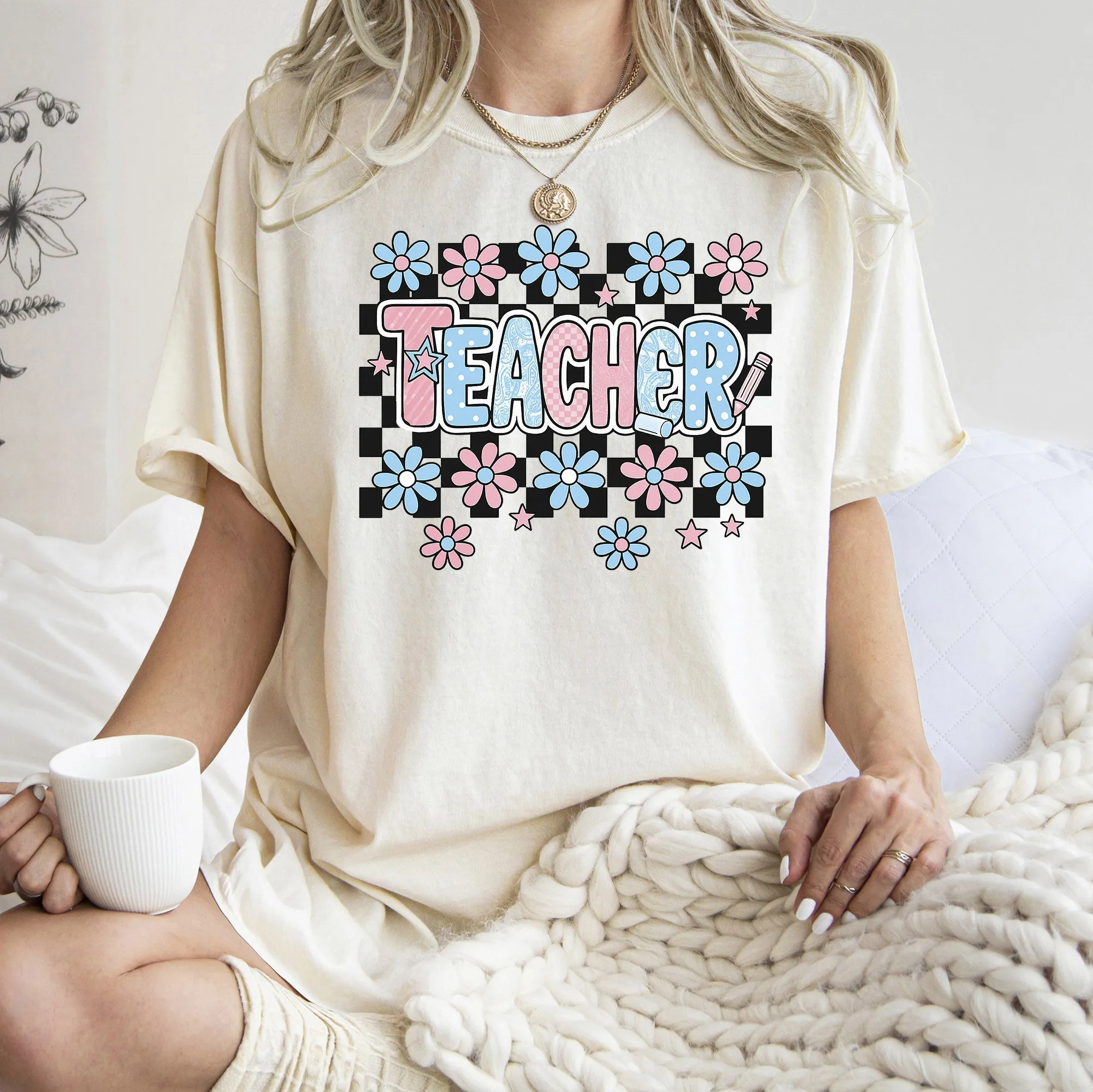 Teacher, Checkered, Retro, Floral, Back to School, First Day of School, Cute, Teacher Appreciation, Coquette, Comfort Colors T-Shirt sold by Refinery Number One product image thumbnail 4