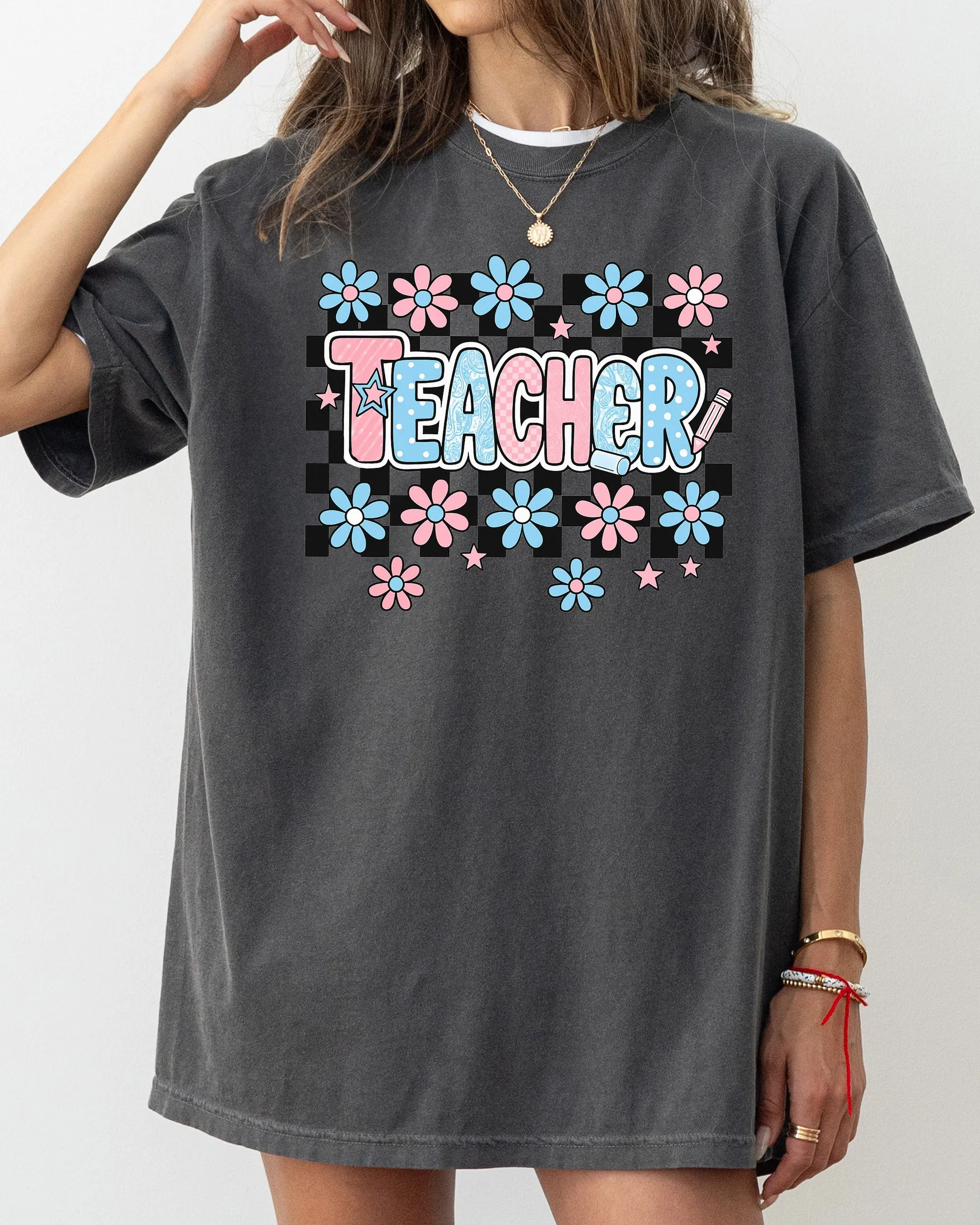 Teacher, Checkered, Retro, Floral, Back to School, First Day of School, Cute, Teacher Appreciation, Coquette, Comfort Colors T-Shirt sold by Refinery Number One product image thumbnail 2