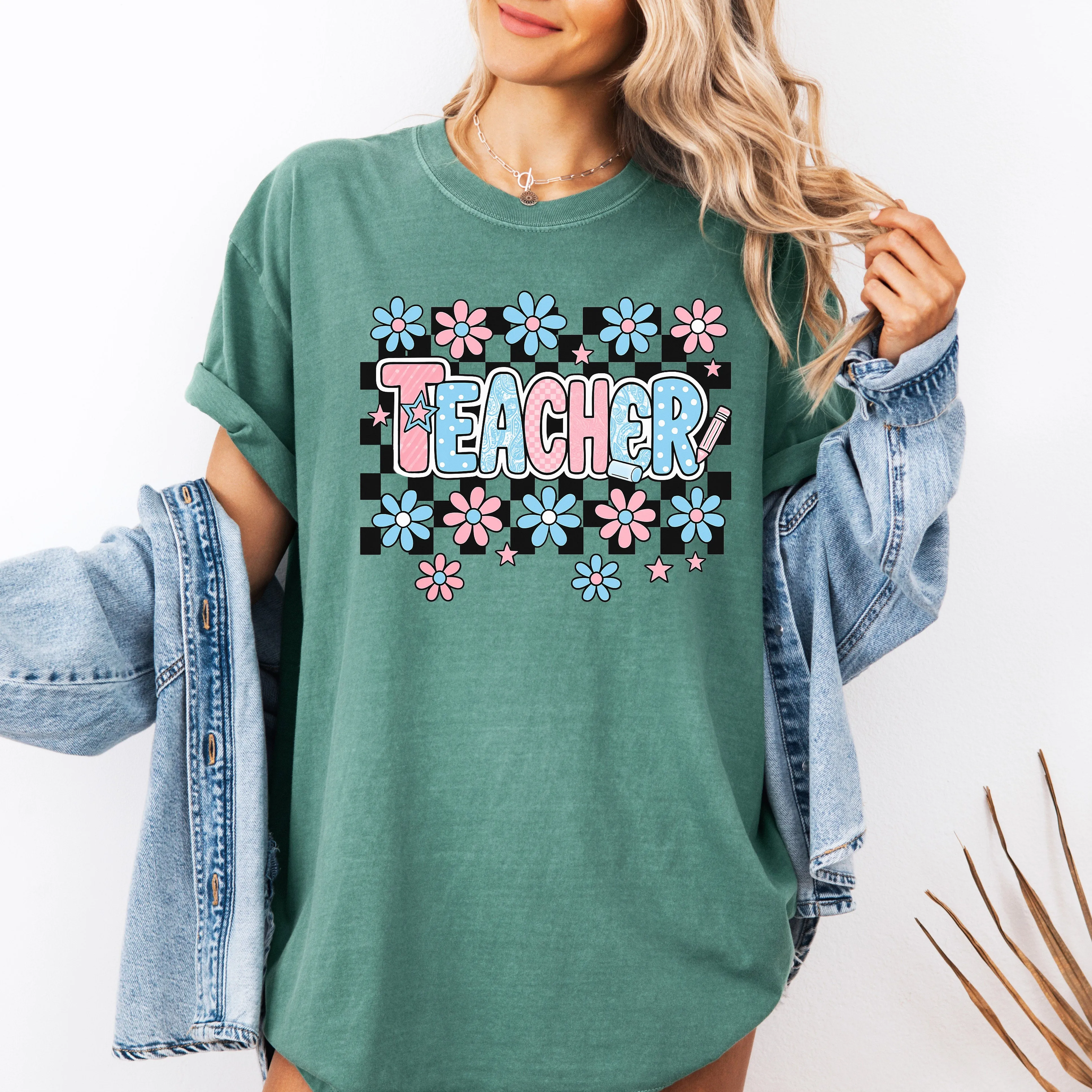 Teacher, Checkered, Retro, Floral, Back to School, First Day of School, Cute, Teacher Appreciation, Coquette, Comfort Colors T-Shirt sold by Refinery Number One product image thumbnail 3