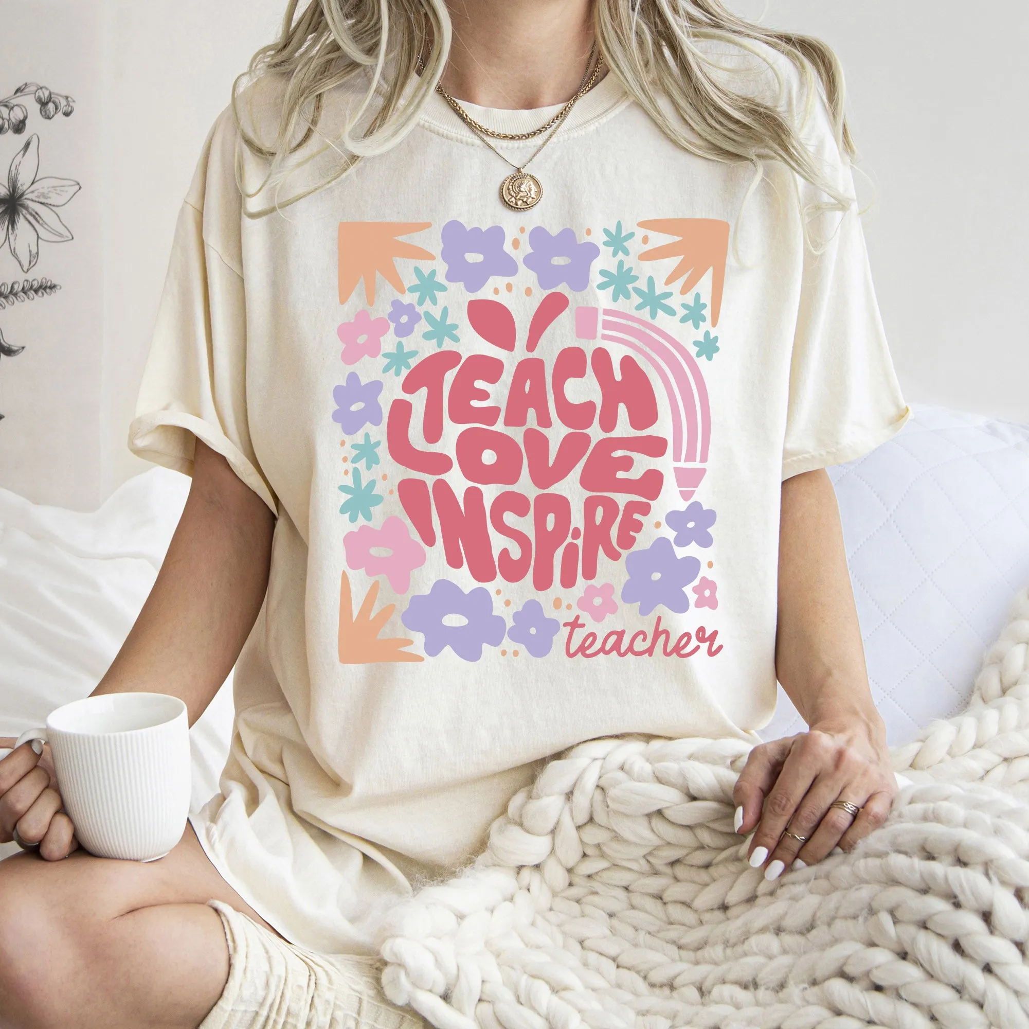 Teach Love Inspire, Teacher, Boho, Floral, Back to School, First Day of School, Cute, Teacher Appreciation, Coquette, Comfort Colors T-Shirt sold by Refinery Number One product image thumbnail 2