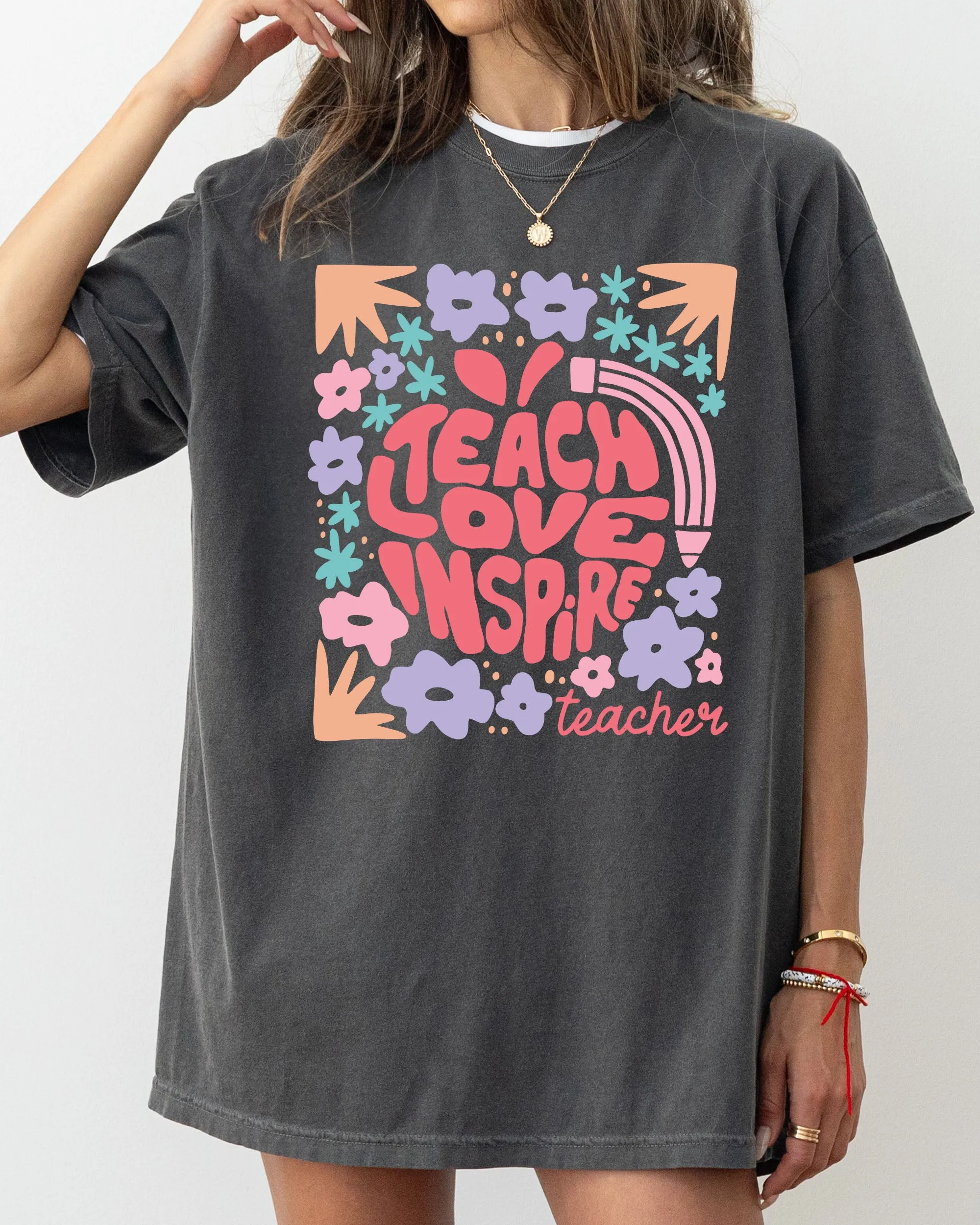 Teach Love Inspire, Teacher, Boho, Floral, Back to School, First Day of School, Cute, Teacher Appreciation, Coquette, Comfort Colors T-Shirt sold by Refinery Number One product image thumbnail 3