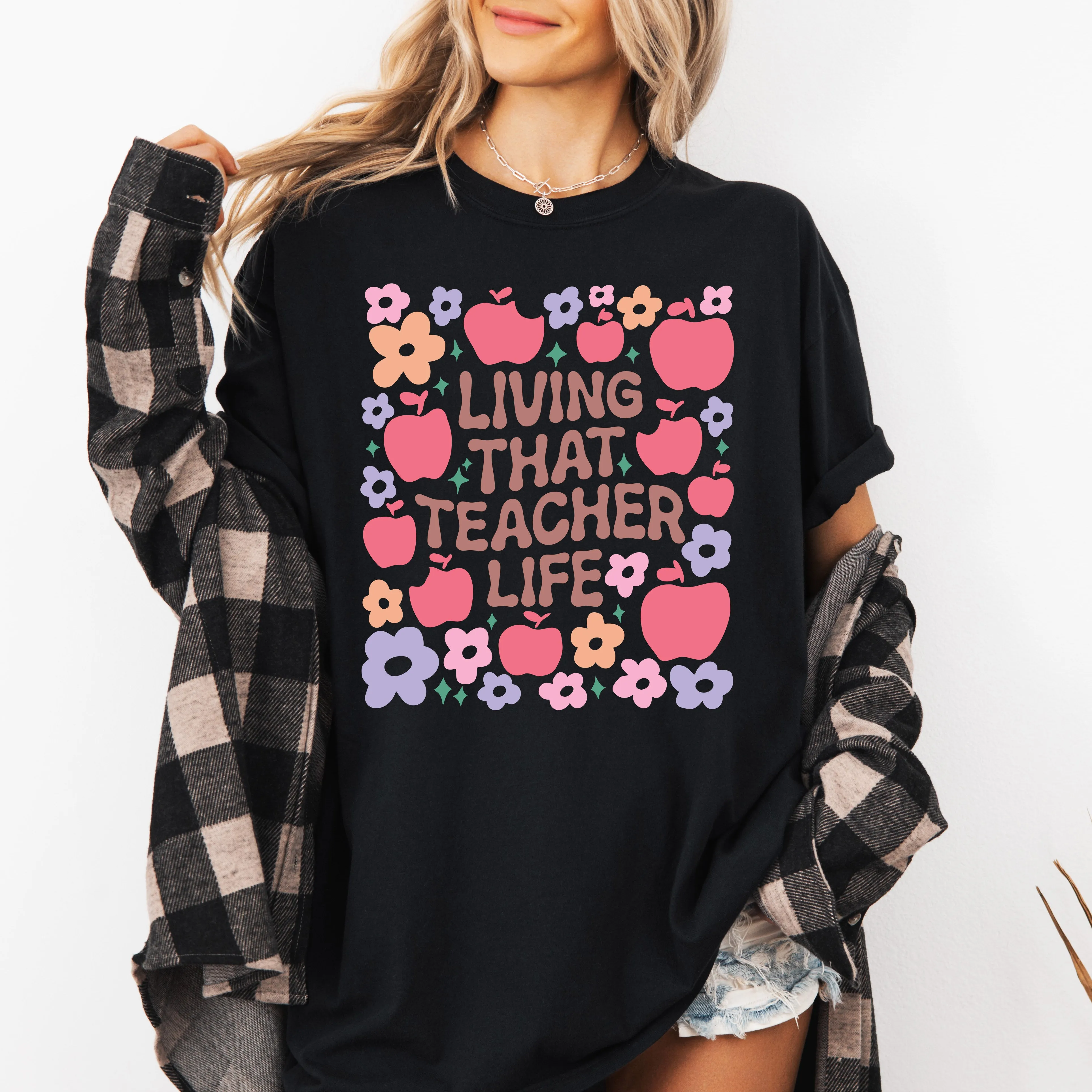 Living That Teacher Life, Boho, Floral, Back to School, First Day of School, Cute, Teacher Appreciation, Coquette, Comfort Colors T-Shirt sold by Refinery Number One