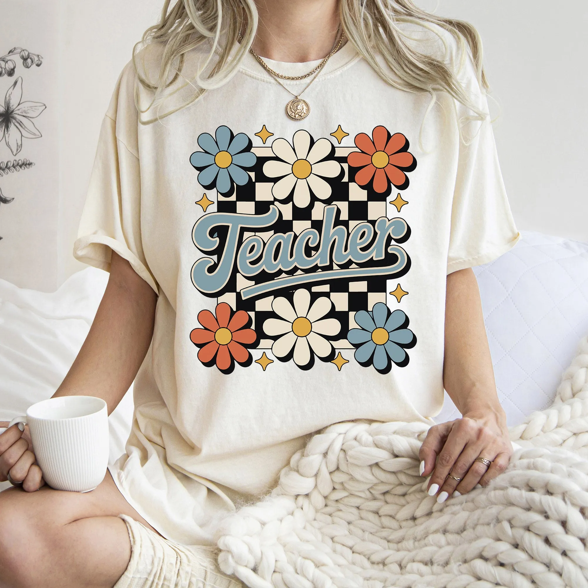 Teacher, Retro Floral, Checkered, First Day of School, Cute, Teacher Appreciation, Coquette, Comfort Colors T-Shirt sold by Refinery Number One product image thumbnail 4