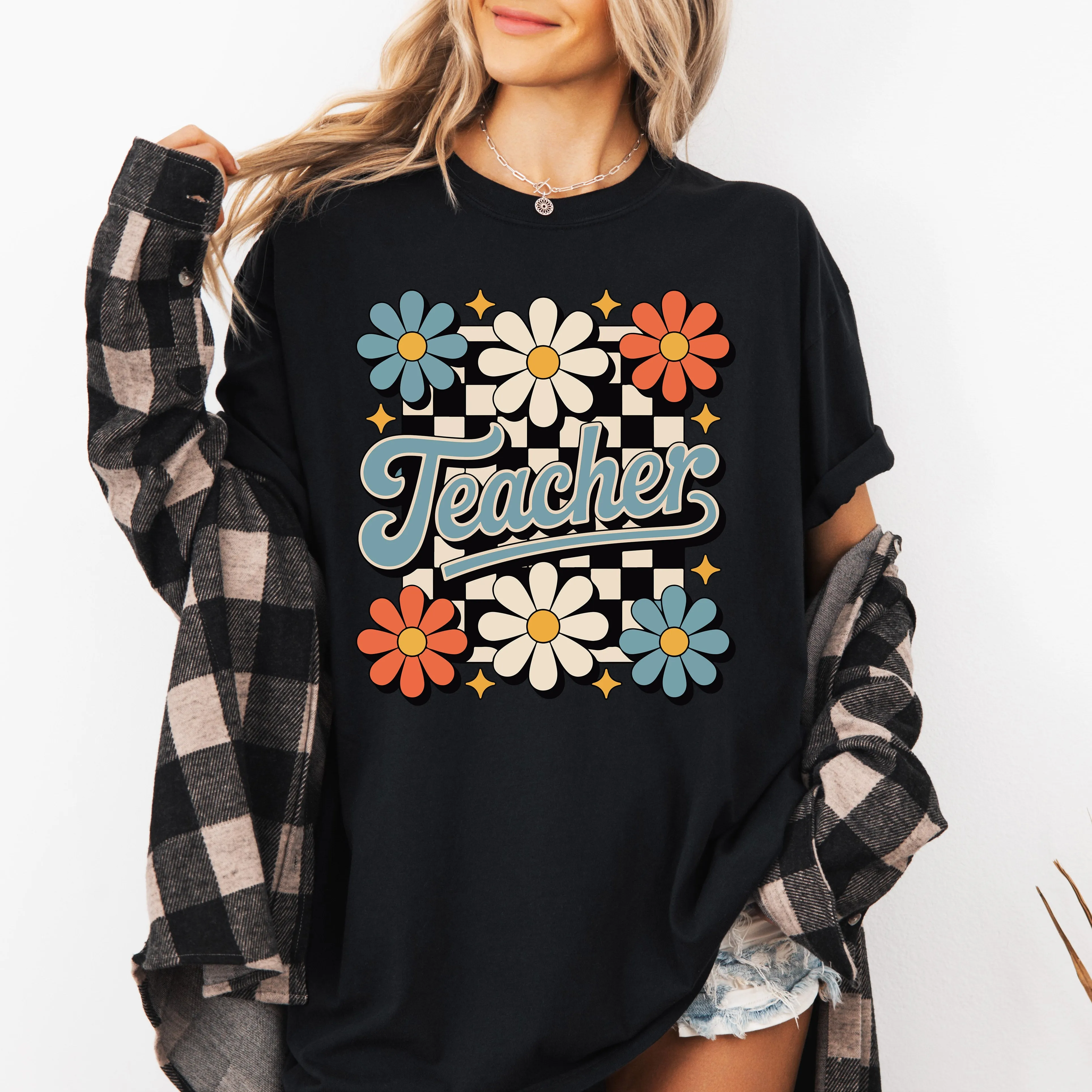 Teacher, Retro Floral, Checkered, First Day of School, Cute, Teacher Appreciation, Coquette, Comfort Colors T-Shirt sold by Refinery Number One product image thumbnail 2