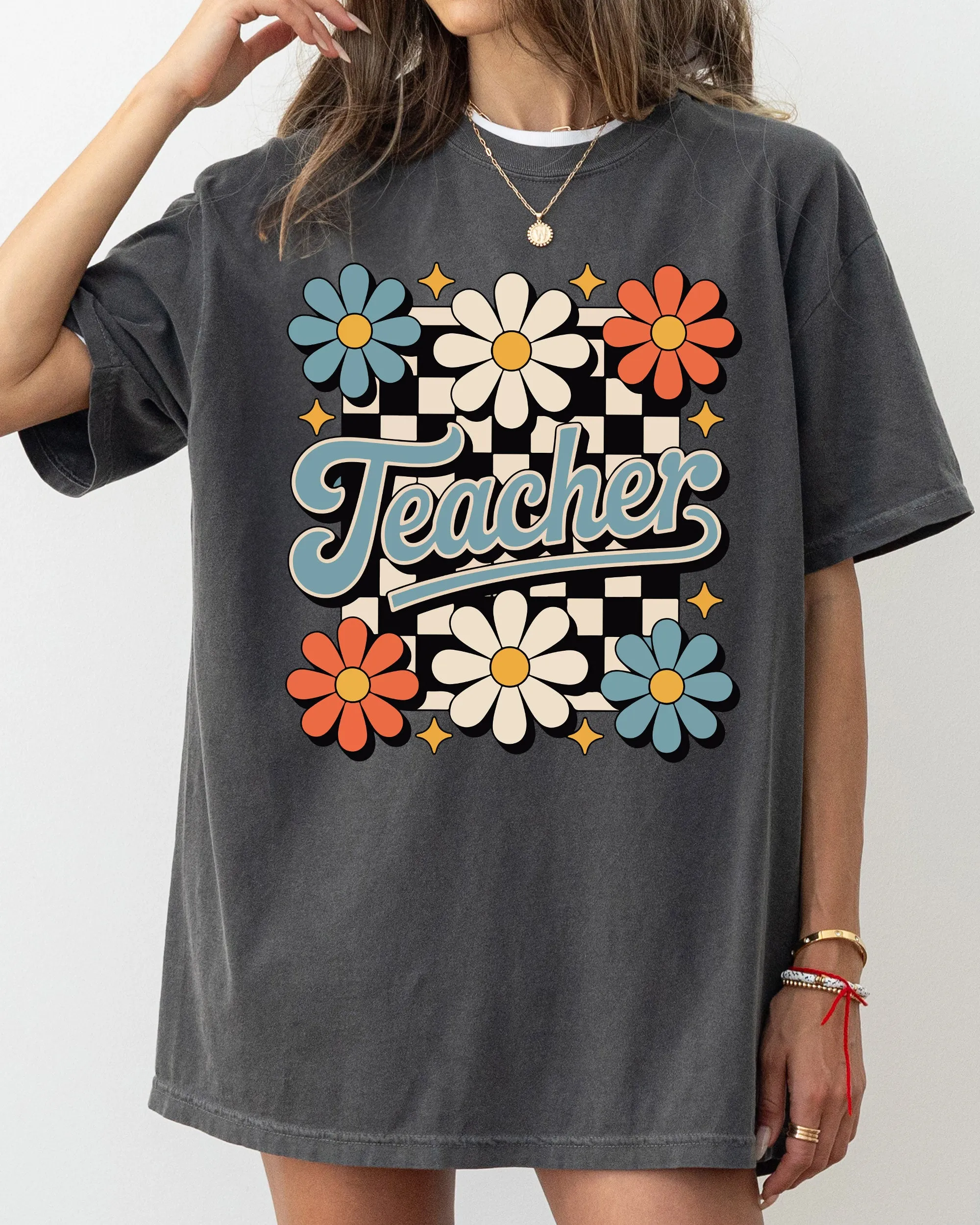 Teacher, Retro Floral, Checkered, First Day of School, Cute, Teacher Appreciation, Coquette, Comfort Colors T-Shirt sold by Refinery Number One product image thumbnail 5