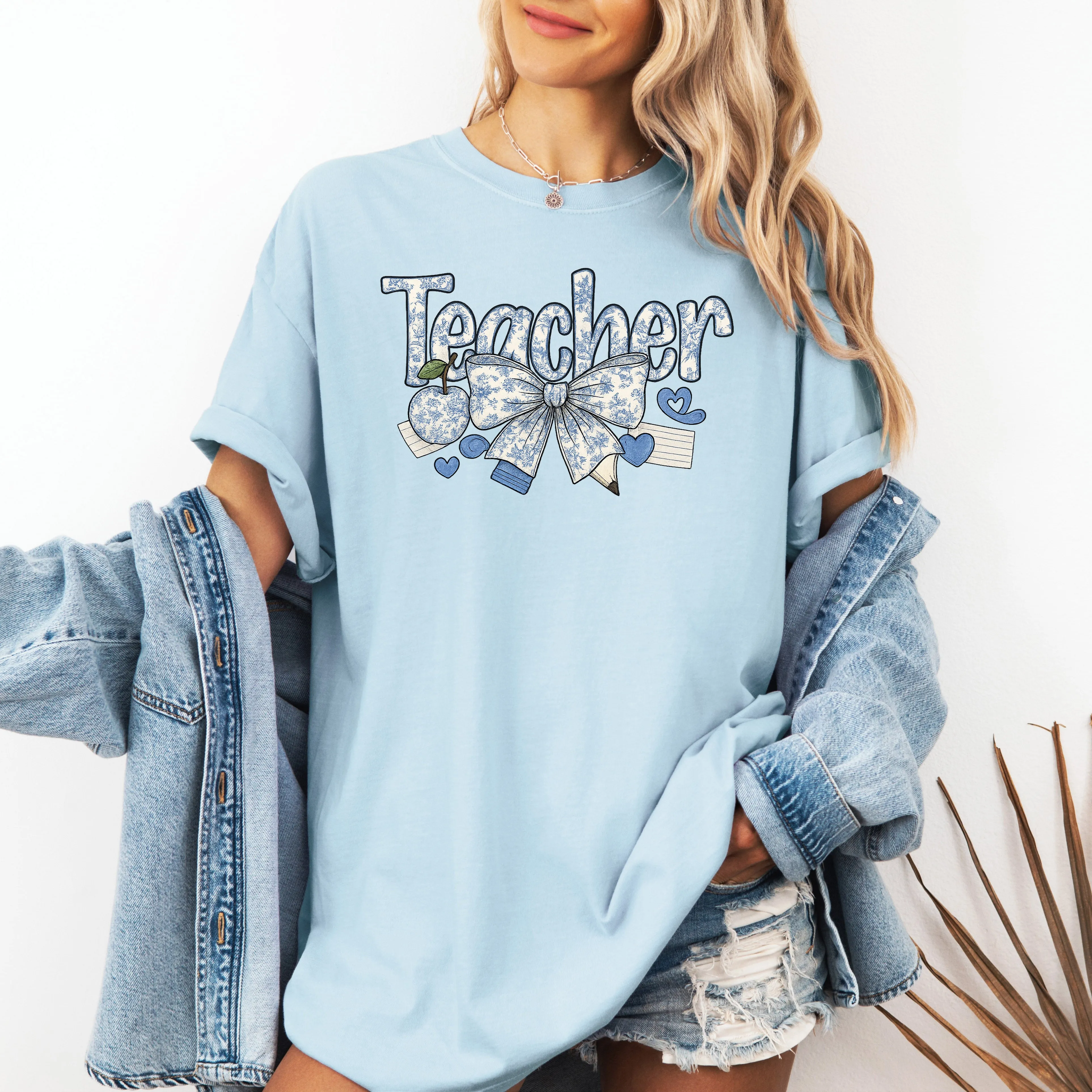 Teacher, Chinoiserie, Bow, Floral, First Day of School, Cute, Teacher Appreciation, Coquette, Comfort Colors T-Shirt sold by Refinery Number One