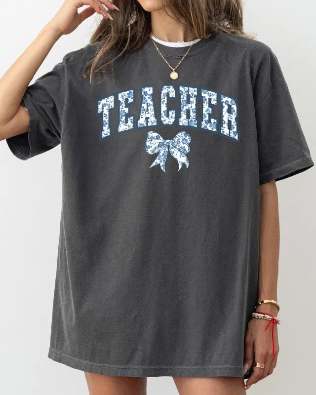 Teacher, Bow, Blue Floral, First Day of School, Cute, Teacher Appreciation, Coquette, Comfort Colors T-Shirt sold by Refinery Number One