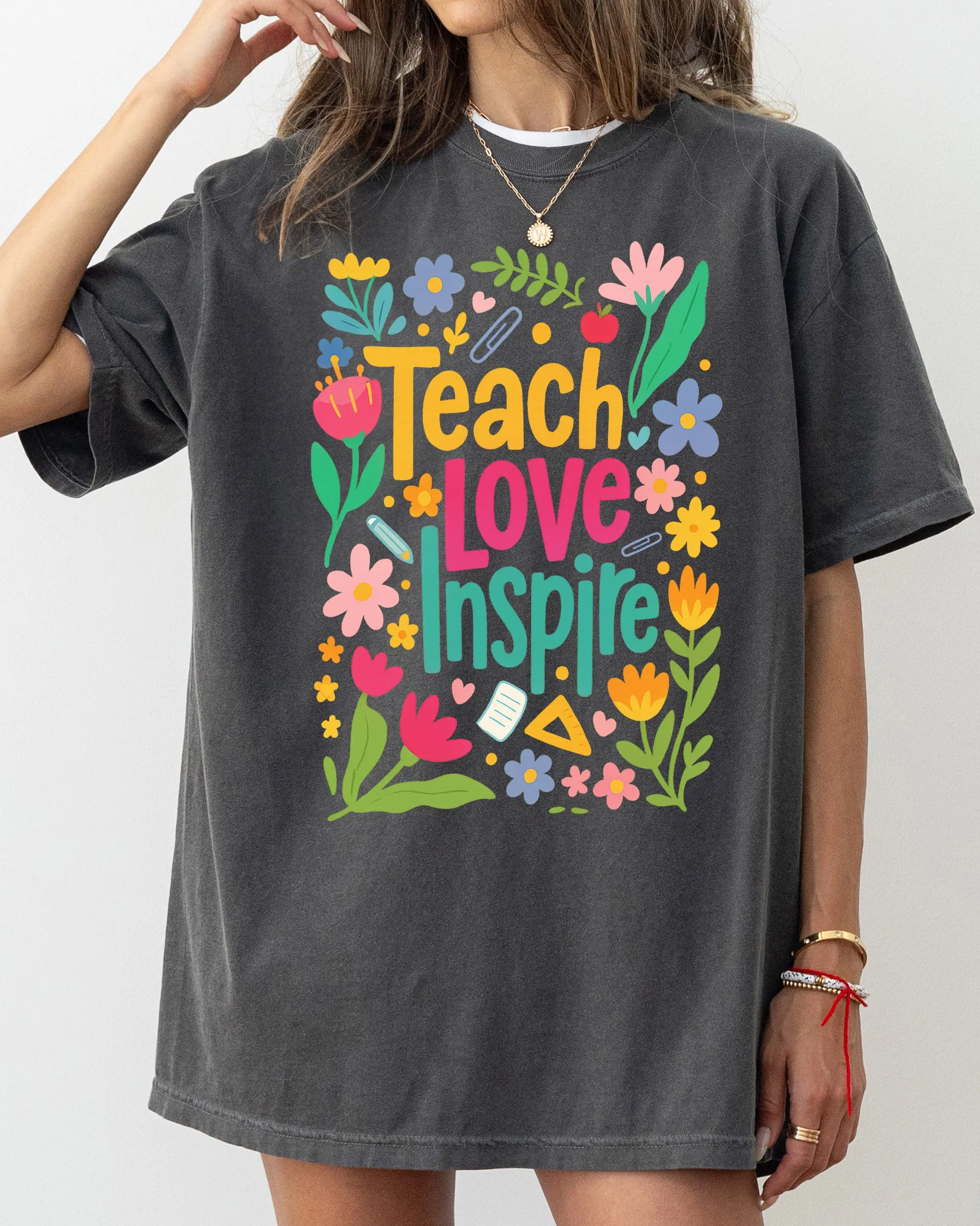 Teach Love Inspire, Floral, Boho, Retro, First Day of School, Cute, Teacher Appreciation, Coquette, Comfort Colors T-Shirt sold by Refinery Number One product image thumbnail 3