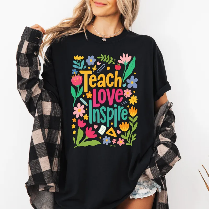 Teach Love Inspire, Floral, Boho, Retro, First Day of School, Cute, Teacher Appreciation, Coquette, Comfort Colors T-Shirt sold by Refinery Number One