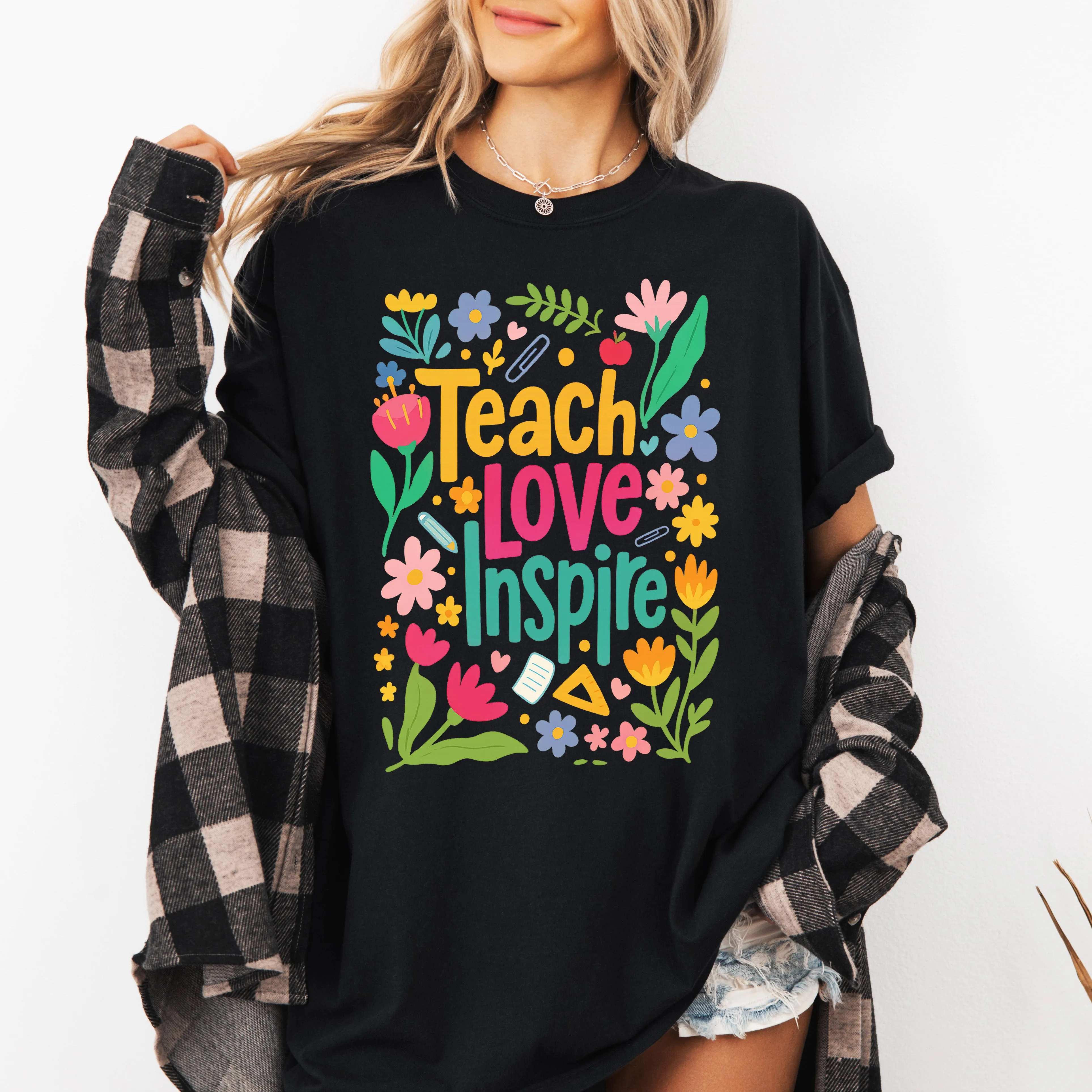 Teach Love Inspire, Floral, Boho, Retro, First Day of School, Cute, Teacher Appreciation, Coquette, Comfort Colors T-Shirt sold by Refinery Number One