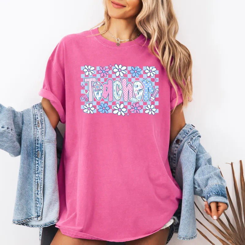Floral, Teacher, Checkered, Retro, Back to School, Bow, First Day of School, Cute, Teacher Appreciation, Coquette, Comfort Colors T-Shirt sold by Refinery Number One