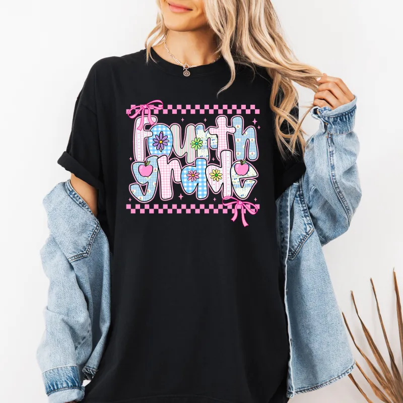Fourth Grade Teacher, Retro, Checkered, Back to School, First Day of School, Cute, Teacher Appreciation, Coquette, Comfort Colors T-Shirt sold by Refinery Number One