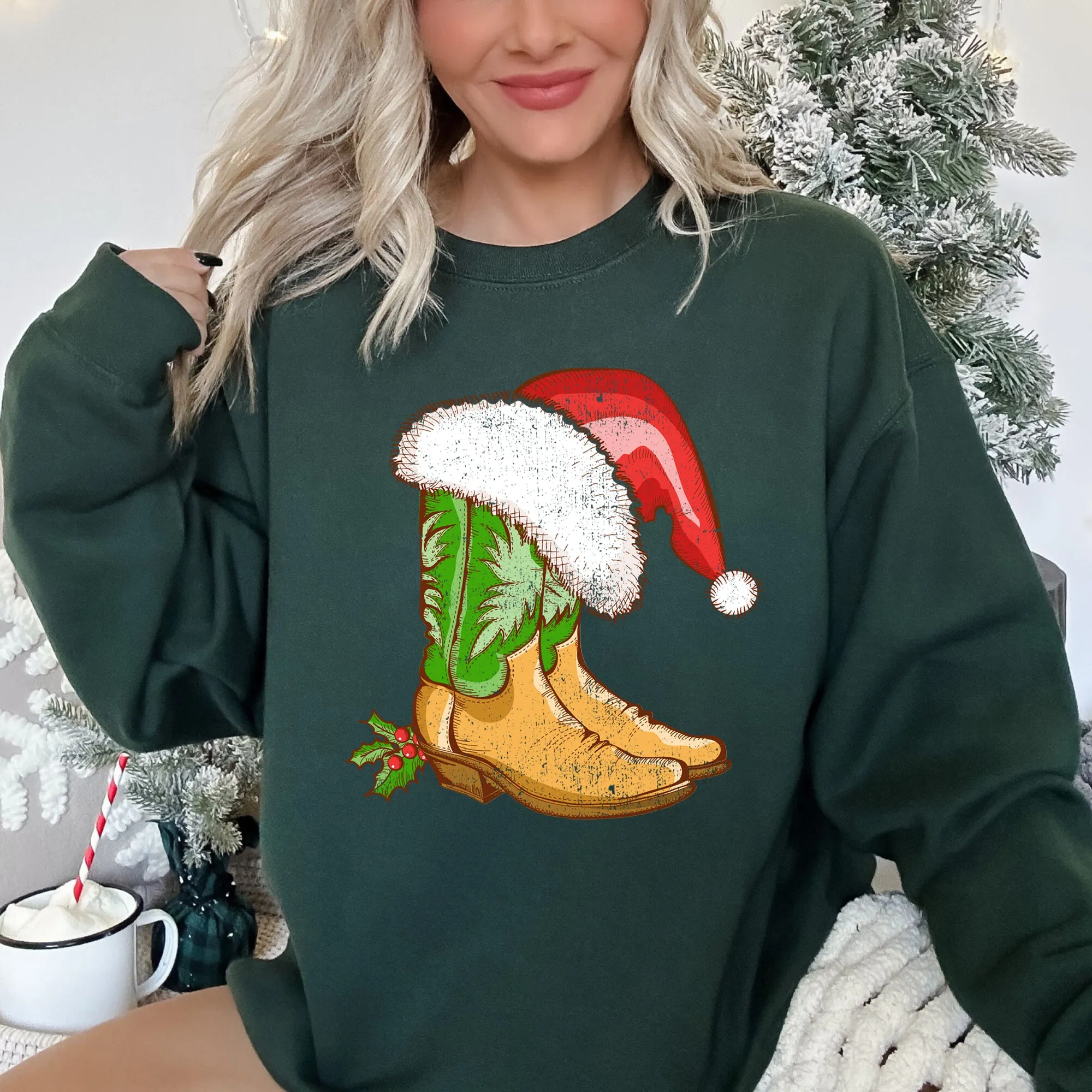 Country Christmas Cowboy Boots Cozy Fleece Western Holiday Graphic Print Sweatshirt sold by Refinery Number One product image thumbnail 2