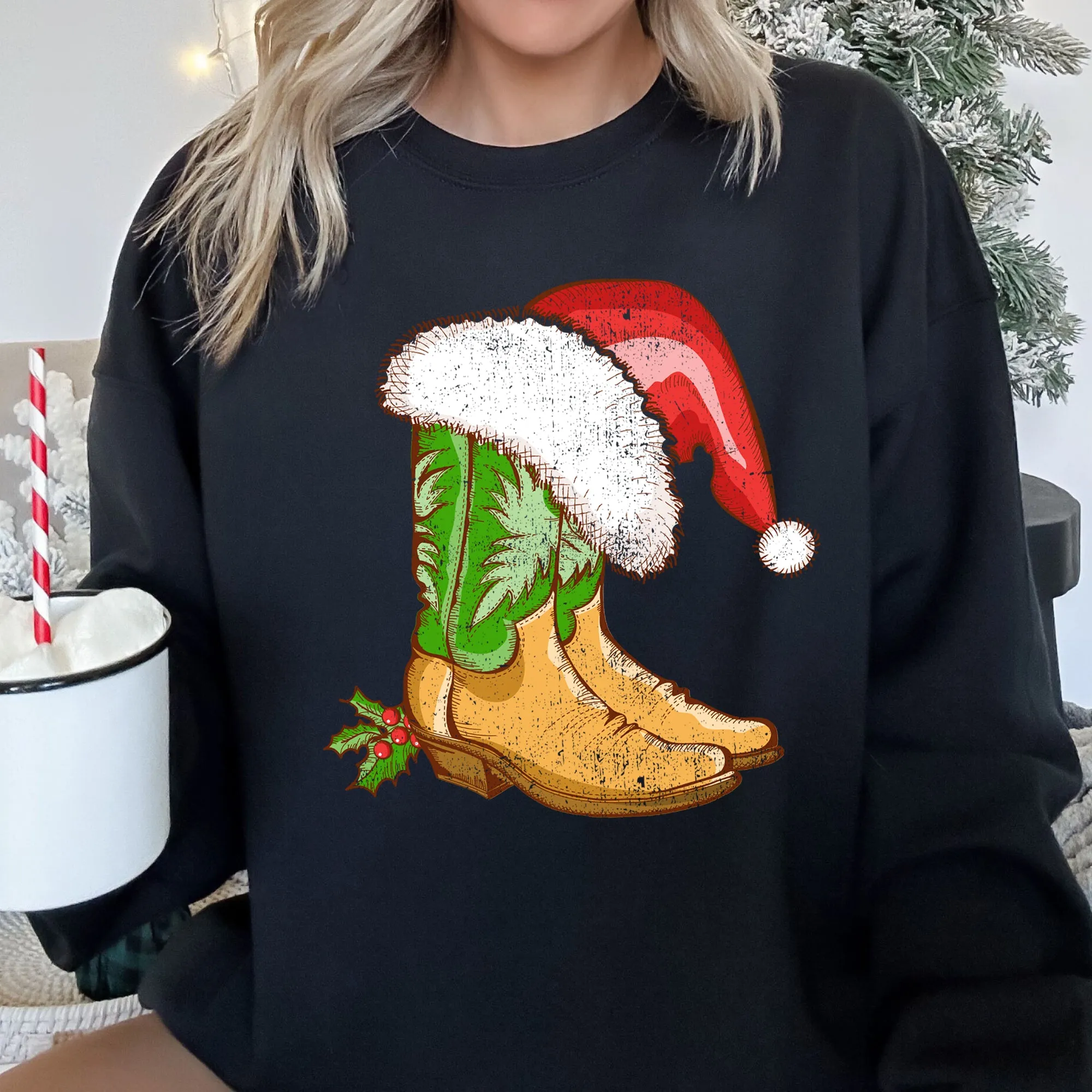 Country Christmas Cowboy Boots Cozy Fleece Western Holiday Graphic Print Sweatshirt sold by Refinery Number One