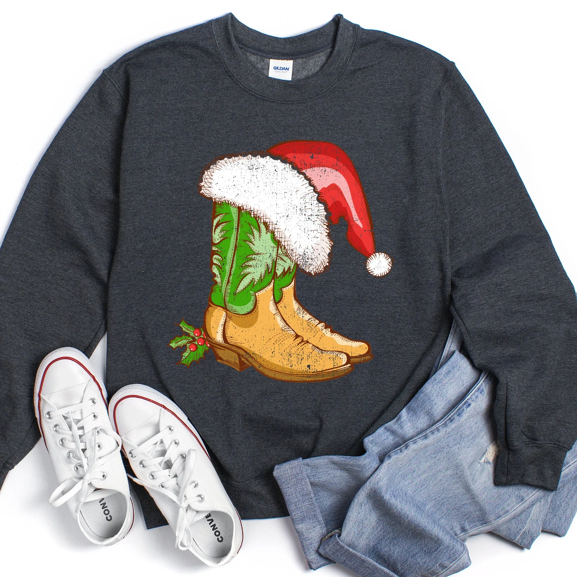 Country Christmas Cowboy Boots Cozy Fleece Western Holiday Graphic Print Sweatshirt sold by Refinery Number One product image thumbnail 3
