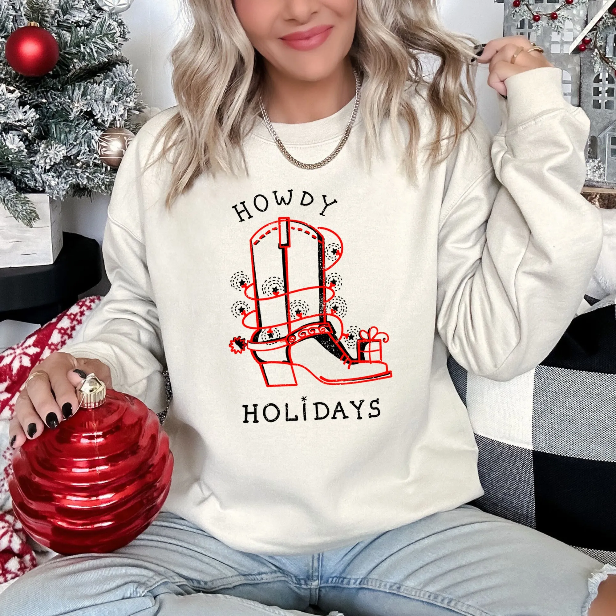 Howdy Holidays Christmas Cowboy Boot Western Holiday Spirit Graphic Festive Sweatshirt sold by Refinery Number One product image thumbnail 3