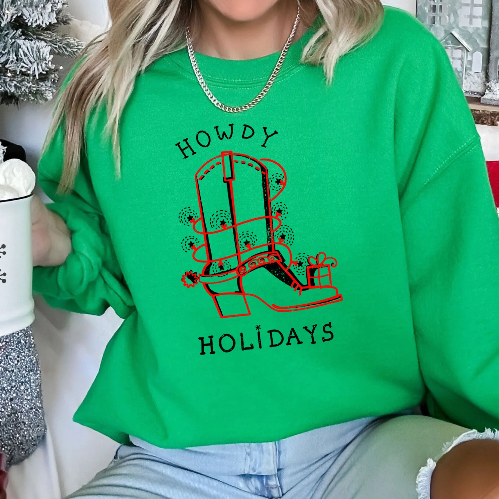Howdy Holidays Christmas Cowboy Boot Western Holiday Spirit Graphic Festive Sweatshirt sold by Refinery Number One
