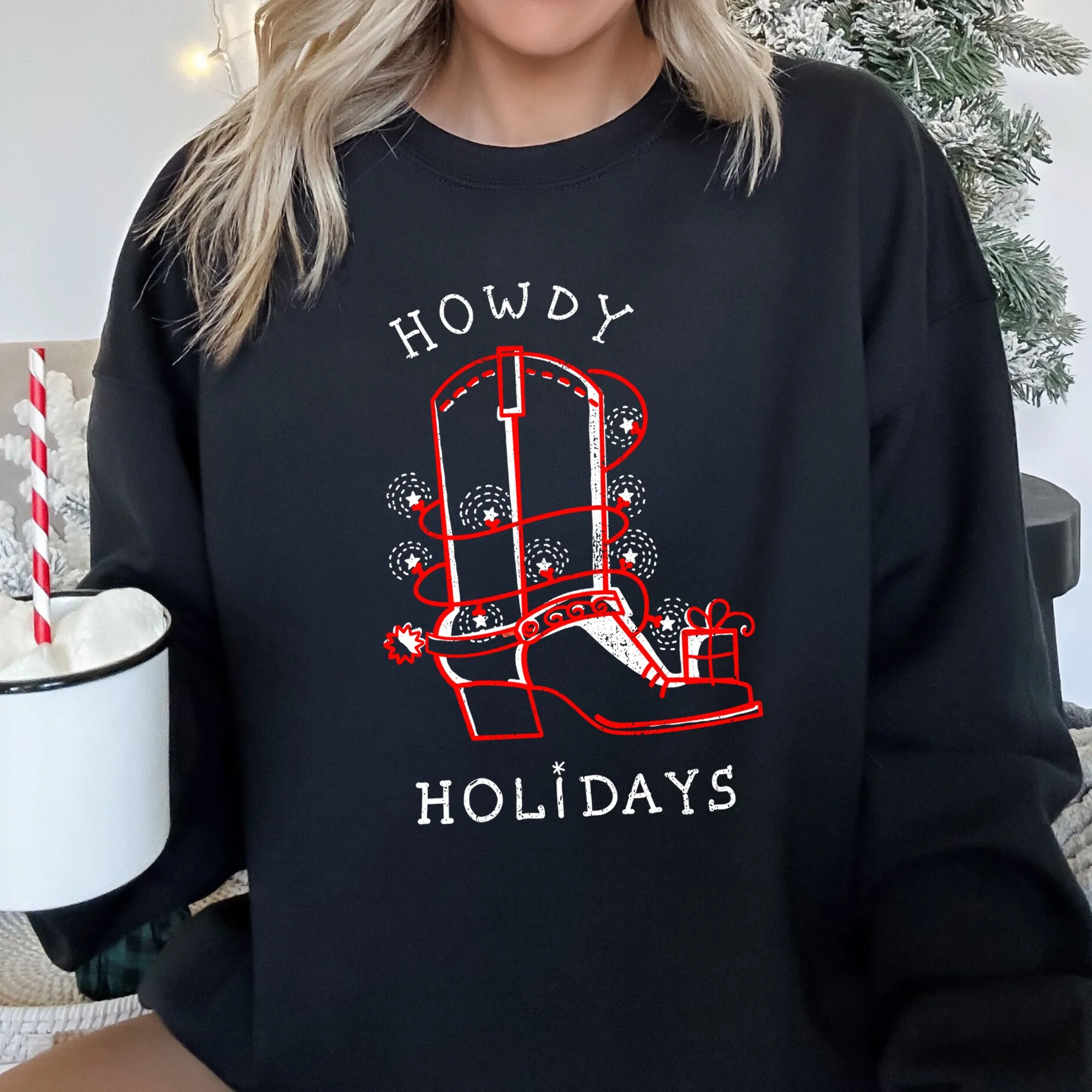 Howdy Holidays, Christmas Cowboy Boot Sweatshirt sold by Refinery Number One product image thumbnail 4