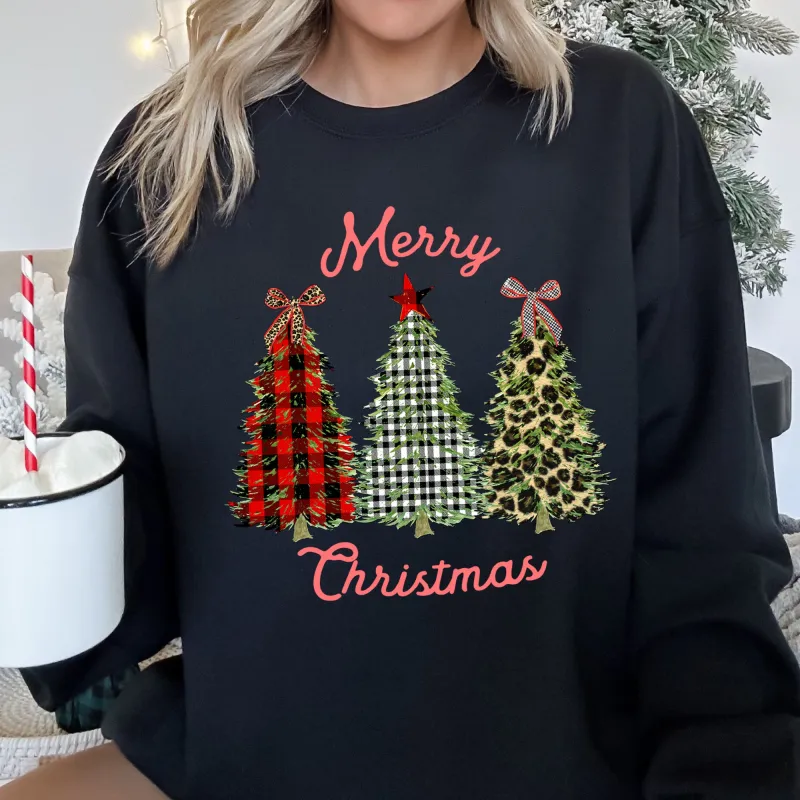 Merry Christmas, Leopard Print and Plaid Trees Sweatshirt sold by Refinery Number One