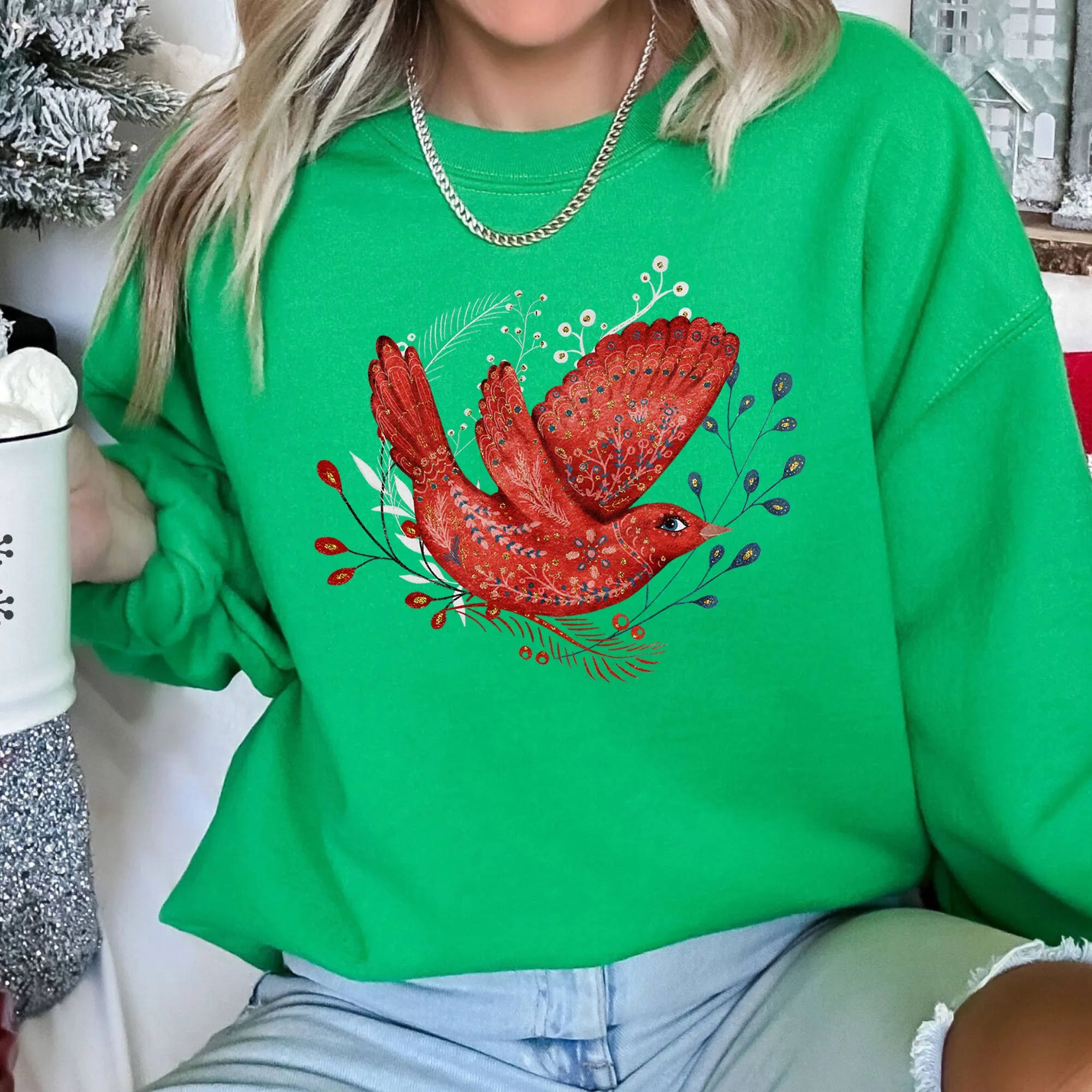 Red Bird, Folk Art, Scandinavian, Winter, Christmas Sweatshirt sold by Refinery Number One product image thumbnail 5