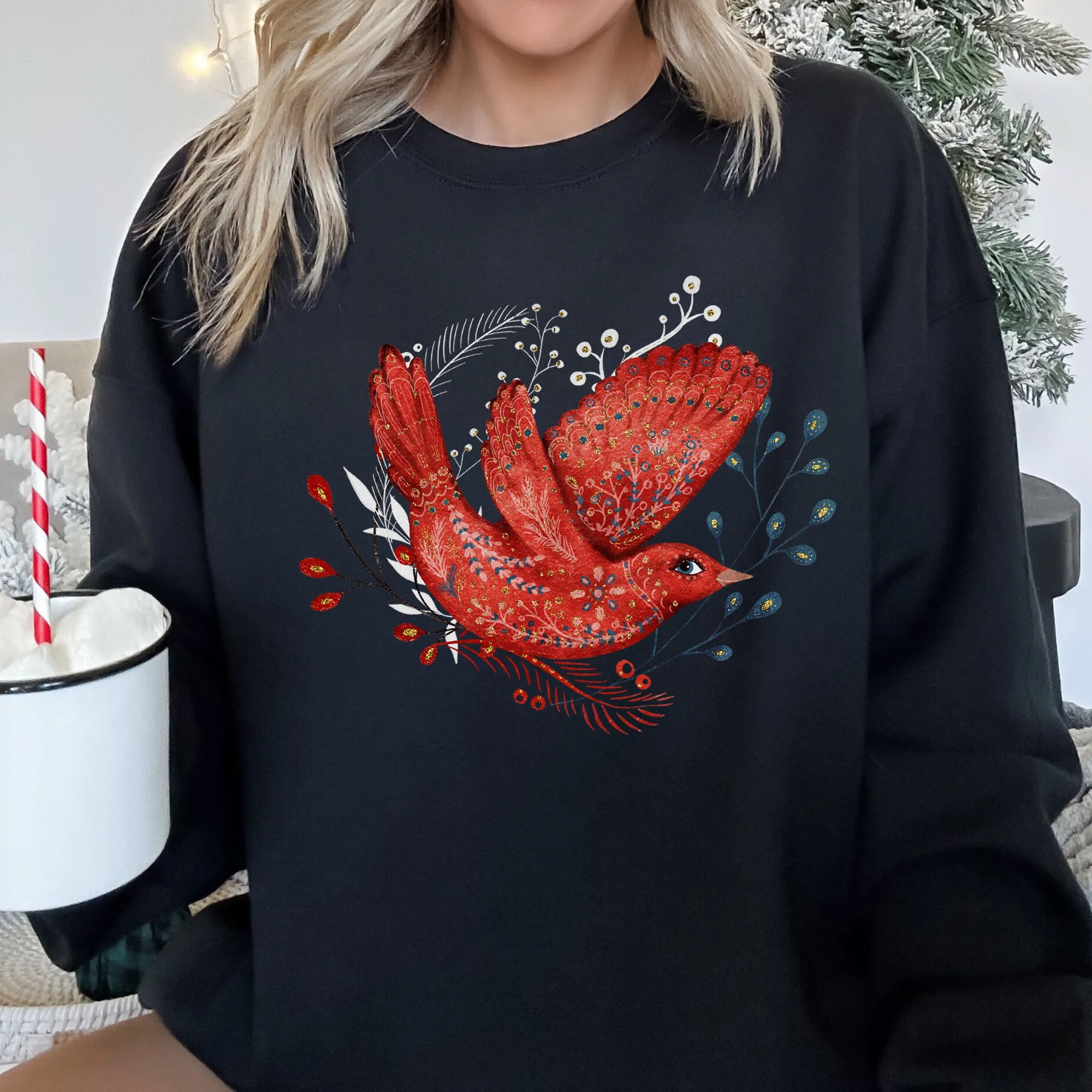Red Bird, Folk Art, Scandinavian, Winter, Christmas Sweatshirt sold by Refinery Number One