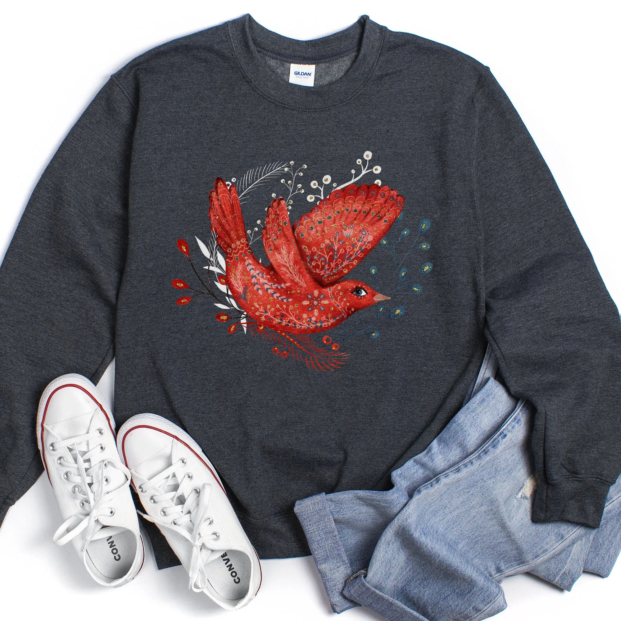 Red Bird, Folk Art, Scandinavian, Winter, Christmas Sweatshirt sold by Refinery Number One product image thumbnail 3