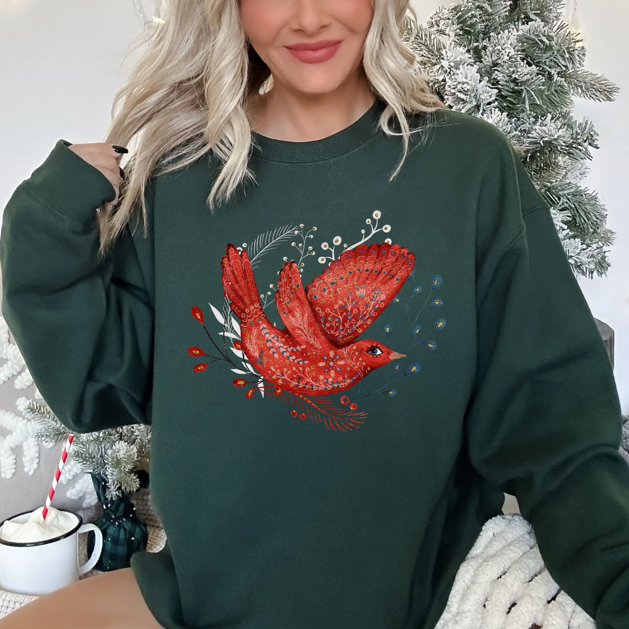 Red Bird, Folk Art, Scandinavian, Winter, Christmas Sweatshirt sold by Refinery Number One product image thumbnail 2