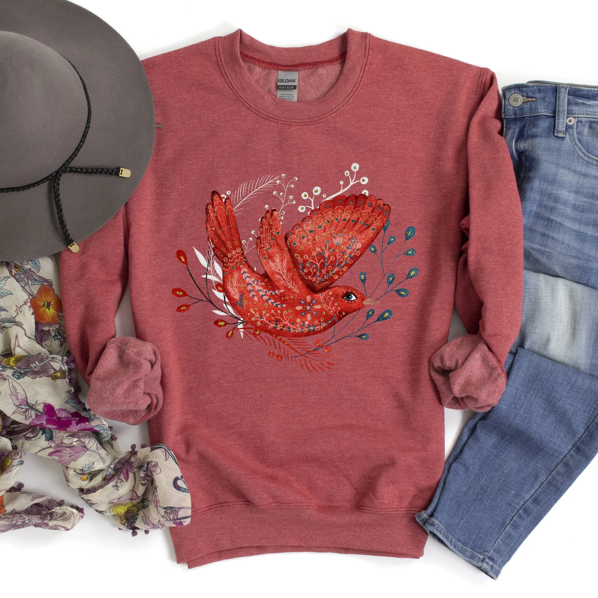 Red Bird, Folk Art, Scandinavian, Winter, Christmas Sweatshirt sold by Refinery Number One product image thumbnail 4
