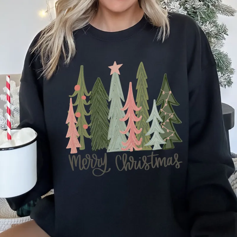 Retro Merry Christmas Trees, Pastel Christmas Sweatshirt sold by Refinery Number One
