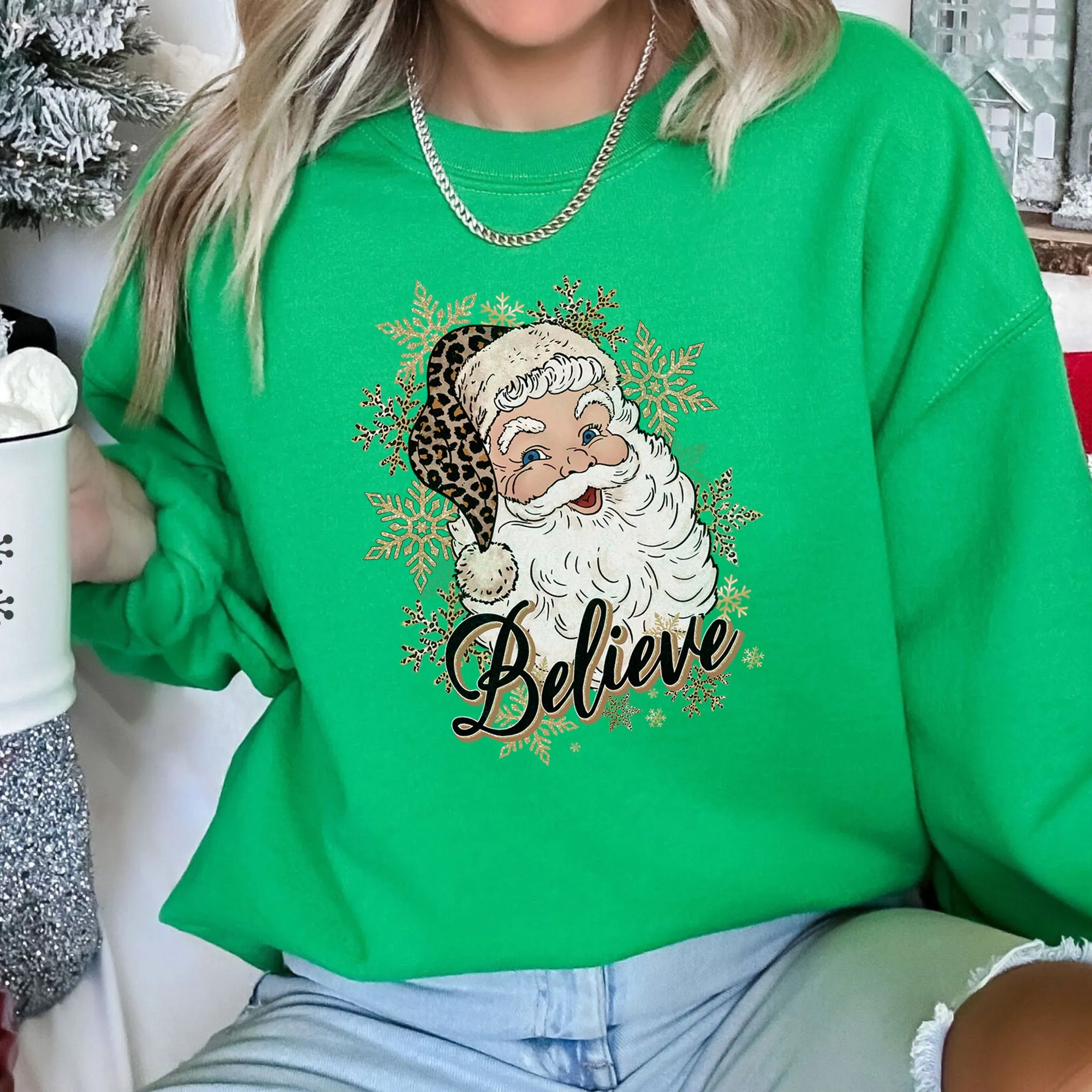 Retro Santa, Believe, Christmas, Leopard Print Sweatshirt sold by Refinery Number One product image thumbnail 5